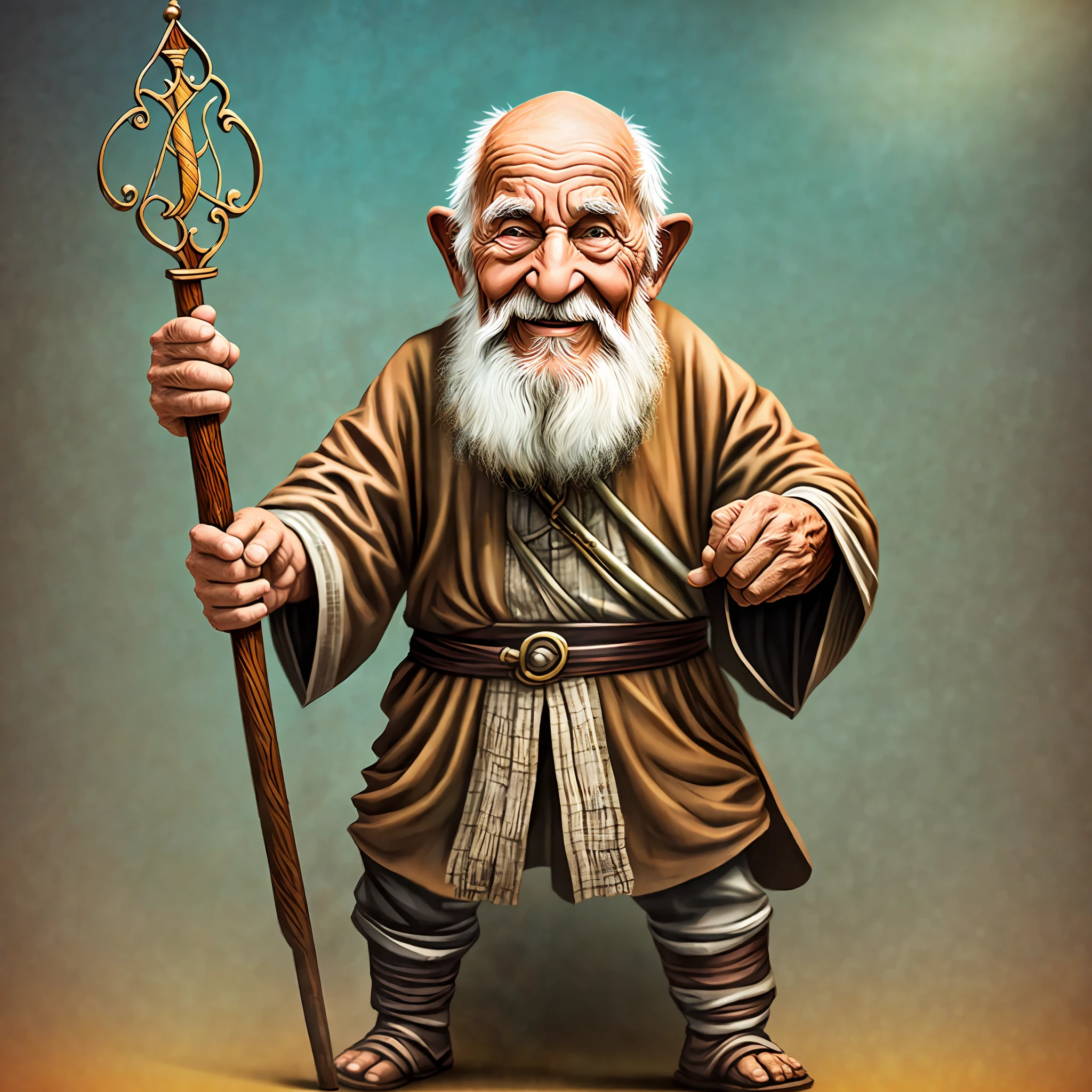 Happy wise old man with a staff in his hand (full front photo) --auto --s2