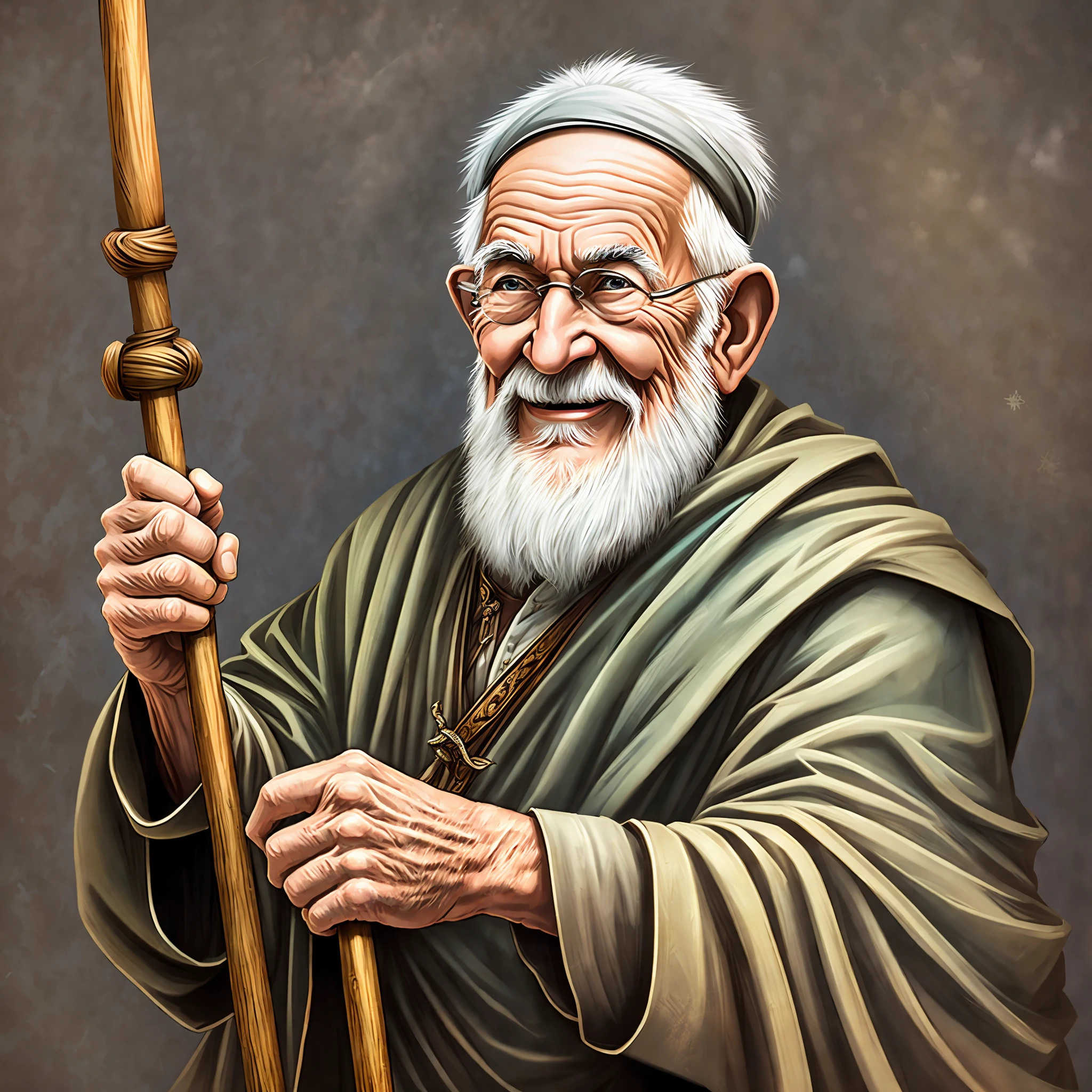 Happy wise old man with a staff in his hand (full front photo) --auto --s2