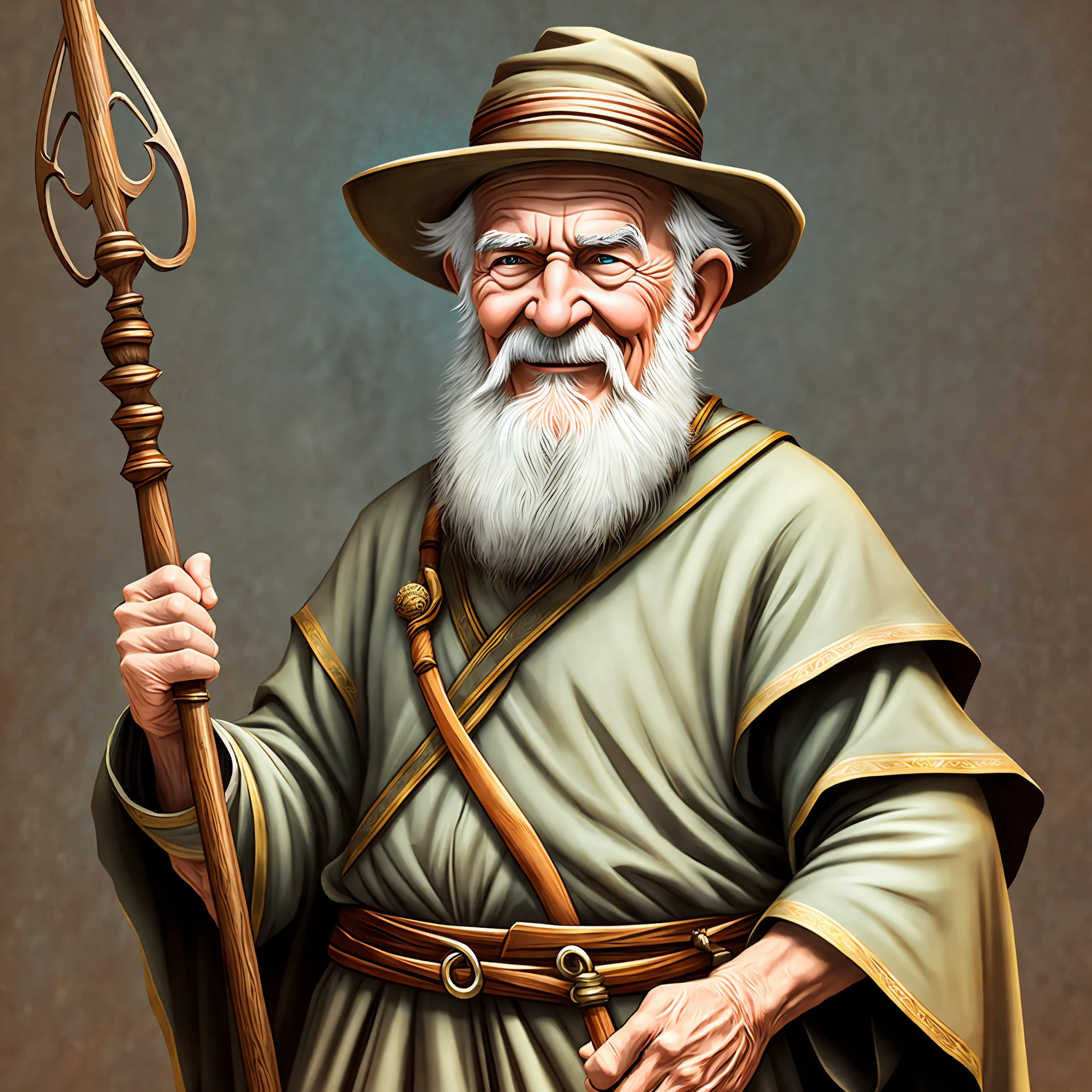 Happy wise old man with a staff in his hand (full front photo) --auto --s2
