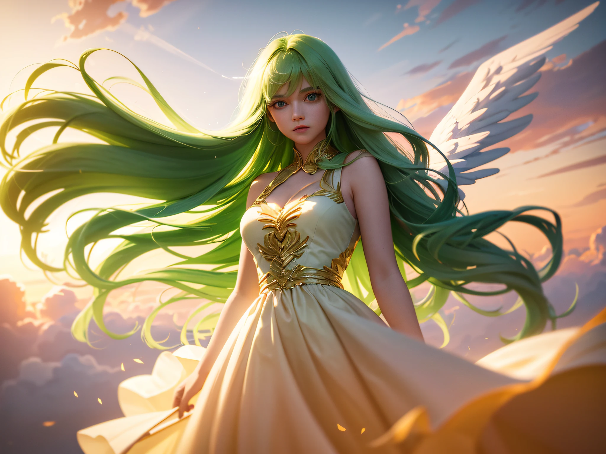 "masterpiece, top quality, ultra-realistic, cinematic scene, 1 Angel girl with long green hair and Golden Wings, green eyes girl floating in the clouds, wearing a withe dress, dress floting with wind, self body, close-up, bright, happy, soft and warm lighting, sunset, (sparks:0.9)"