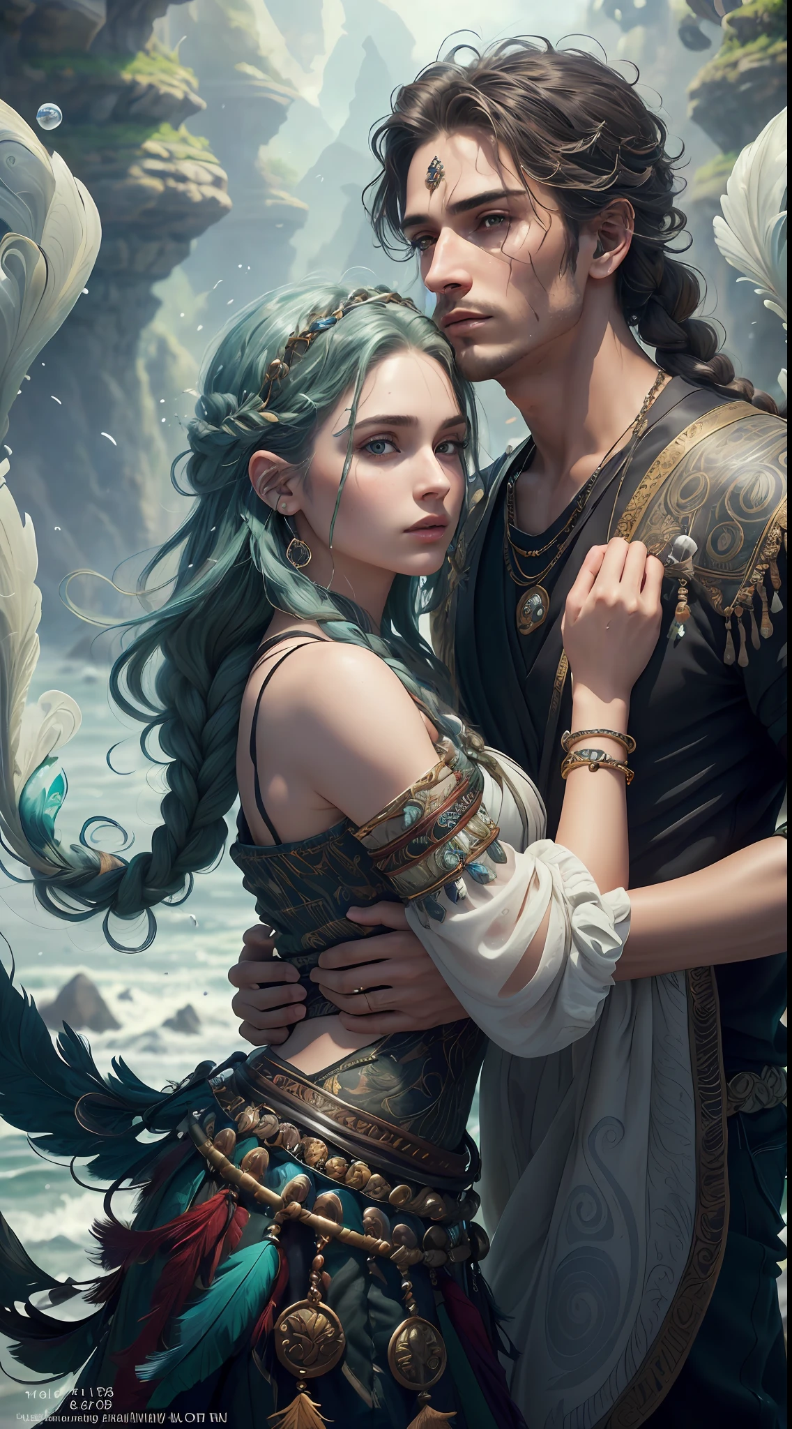 Couple (((male)), fashion shoot, (full portrait), (half), solo, detailed background, detailed face, (stonepunkAI, stone theme:1.1), wise, (beautiful hair, braid: 0.2), shaman, septum harsh, mysterious, (gorgeous face), stunning, head tilted up, (calm expression), calm, intimate interaction, sea bubble green worn clothes, rosary, Tribal ornaments, feathers in hair, headdress: 0.33, emerald, obsidian, detailed clothes, realistic skin texture, (floating particles, water swirls, embers, rituals, whirlwinds, wind: 1.2), clear focus, volumetric lighting, good highlights, good shadows, subsurface scattering, complex, highly detailed, ((film)), dramatic, (highest quality, award-winning, masterpiece: 1.5), (realism: 1.5),