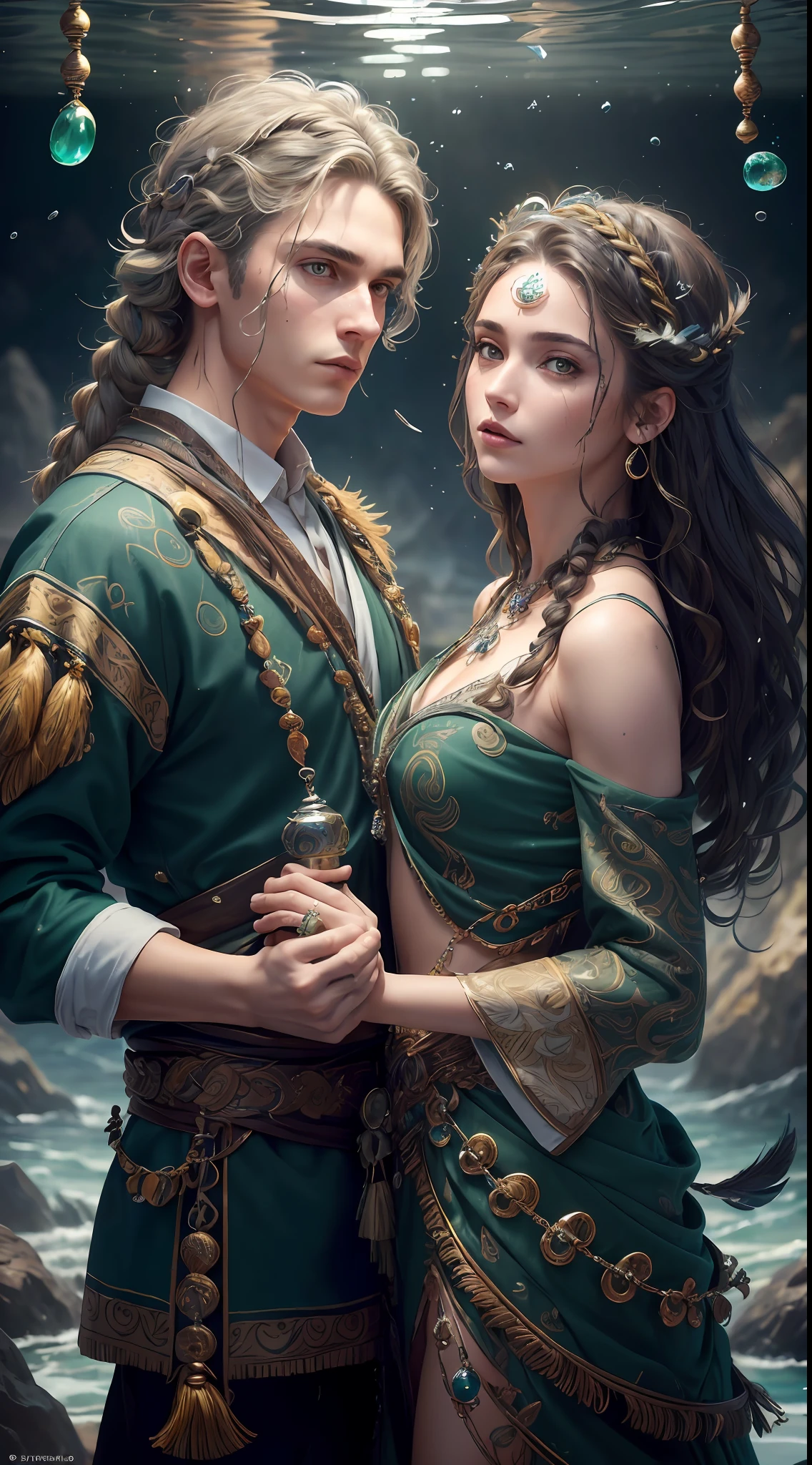 Couple (((male)), fashion shoot, (full portrait), (half), solo, detailed background, detailed face, (stonepunkAI, stone theme:1.1), wise, (beautiful hair, braid: 0.2), shaman, septum harsh, mysterious, (gorgeous face), stunning, head tilted up, (calm expression), calm, intimate interaction, sea bubble green worn clothes, rosary, Tribal ornaments, feathers in hair, headdress: 0.33, emerald, obsidian, detailed clothes, realistic skin texture, (floating particles, water swirls, embers, rituals, whirlwinds, wind: 1.2), clear focus, volumetric lighting, good highlights, good shadows, subsurface scattering, complex, highly detailed, ((film)), dramatic, (highest quality, award-winning, masterpiece: 1.5), (realism: 1.5),