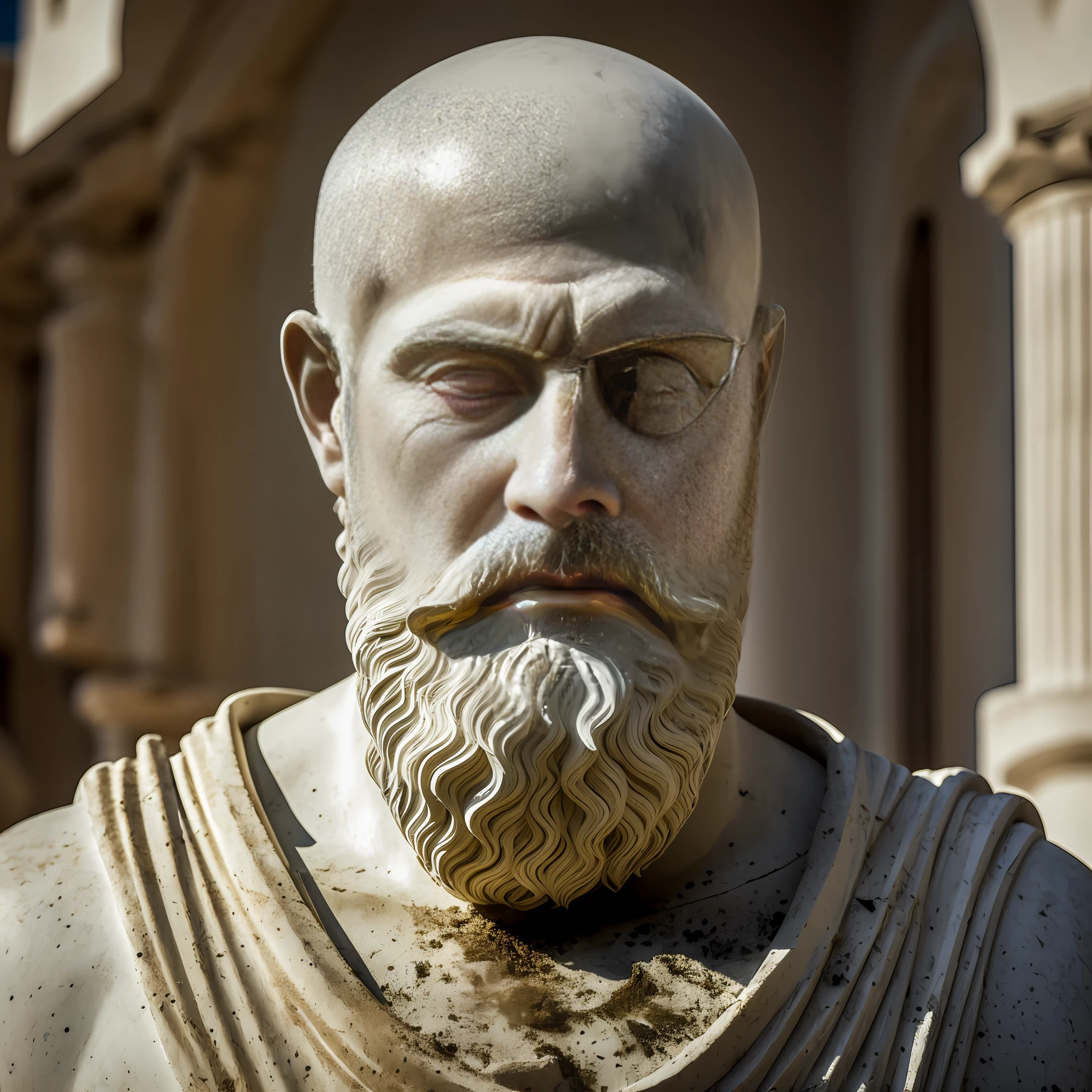 marble sculpture of the face of a Greek god ((bearded and bald)) in a destroyed place, cinematography, epic light and shadow, lots of contrast, professional photography