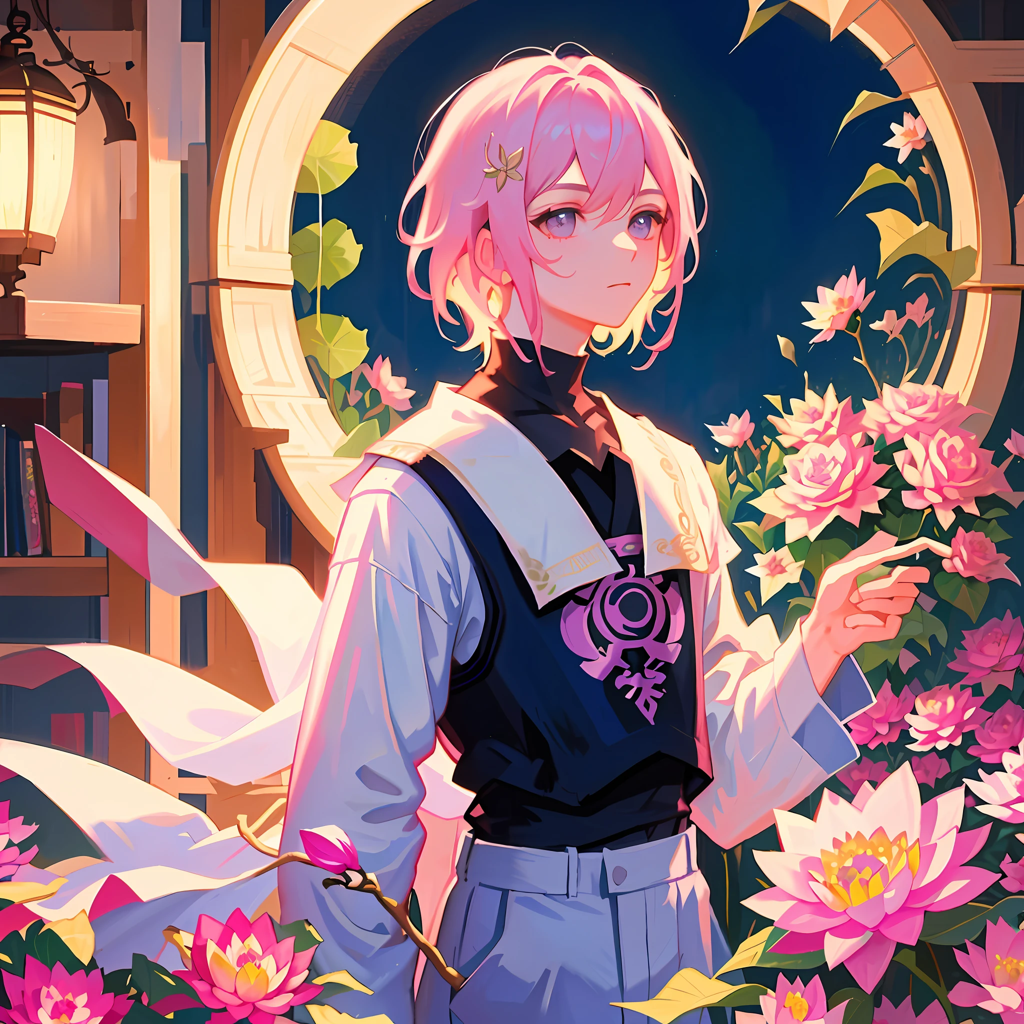 Masterpiece, boy, pink hair, genshin impact, sumeru clothes, cropped, lotus flower, flowers, thunder, book, light