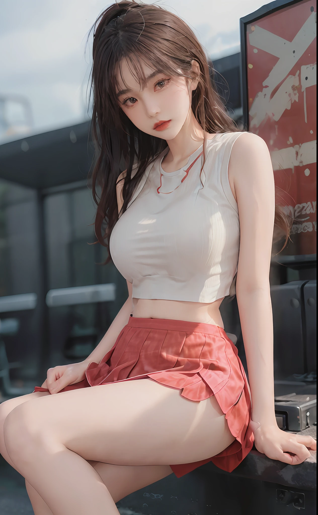 (masterpiece, realistic, high resolution), ((1 girl): 1.2), Korean, ((white wavy hair): 1.3), (heterochromic eyes: 1.1, thick eyebrows,), (white hoodie), ((medium breasts): 1.2, small waist, thigh), catwalk, masterpiece: 1.2, best quality), realism, (real pictures, rich detail details, depth of field), (1 girl, solo), makeup, high detail, perfect face shape, (: 1.4), (skin dents), thick thighs, wide hips, thin waist, high, coral, red lips, red eyes, ponytail (girls, shallow tulle, tulle transparent), (sweat: 1.2), (wet), sexy, blush, (shy expression), tank tops, suspenders, belly pockets, shorts, yoga pants, tight short skirts, tight shorts, stockings, fishnet socks, pajamas, pleated skirts, skirts, hip skirts, flowers on clothes,