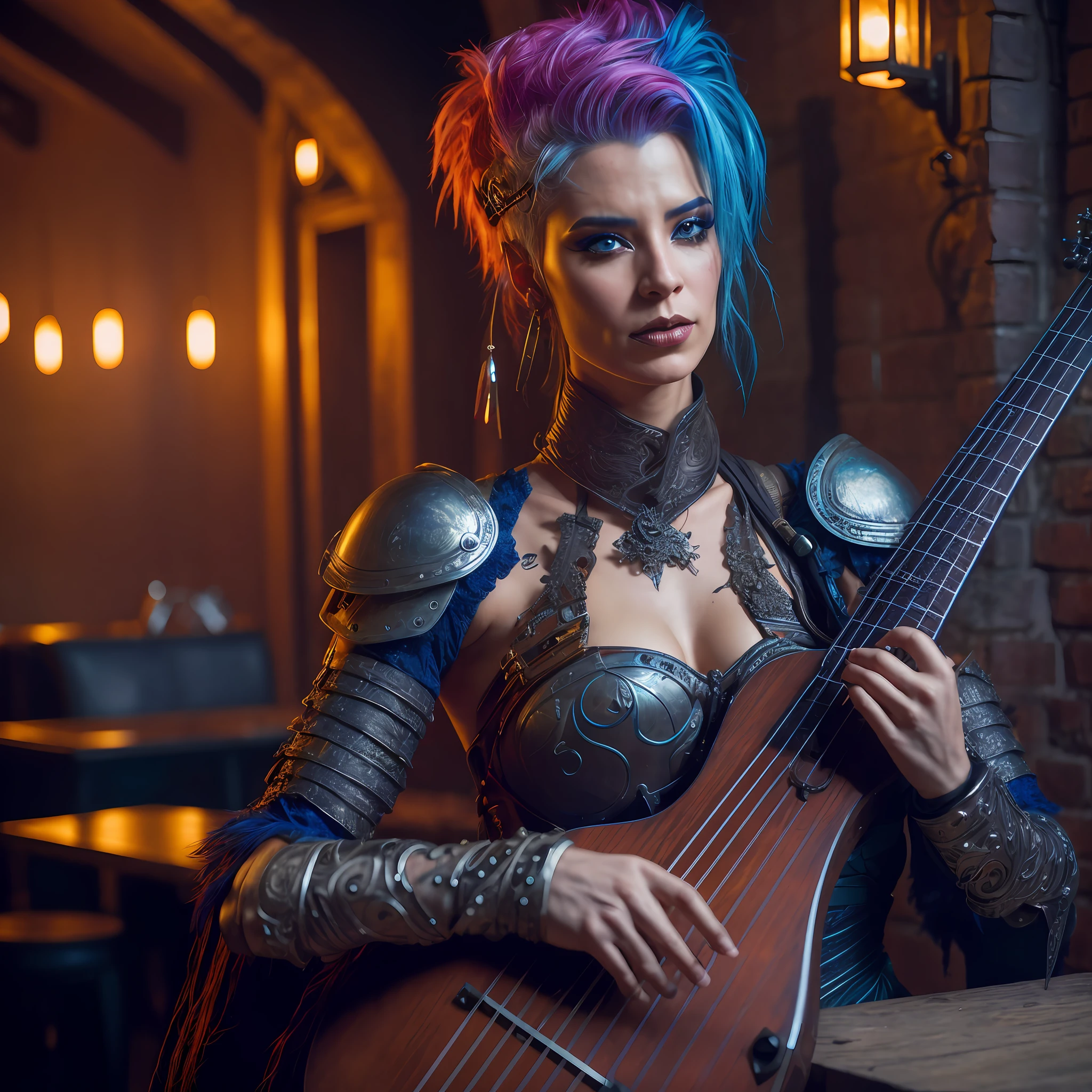 arafed woman with blue hair and armor holding a guitar, beautiful cyberpunk woman model, seductive cyberpunk dark fantasy, cyberpunk beautiful girl, high quality fantasy stock photo, rococo cyberpunk, tiefling bard, dreamy cyberpunk girl, fantasy character photo, very beautiful cyberpunk samurai, fantasy genre portrait, cyberpunk angry gorgeous goddess, in cyberpunk style, vivid steampunk concept