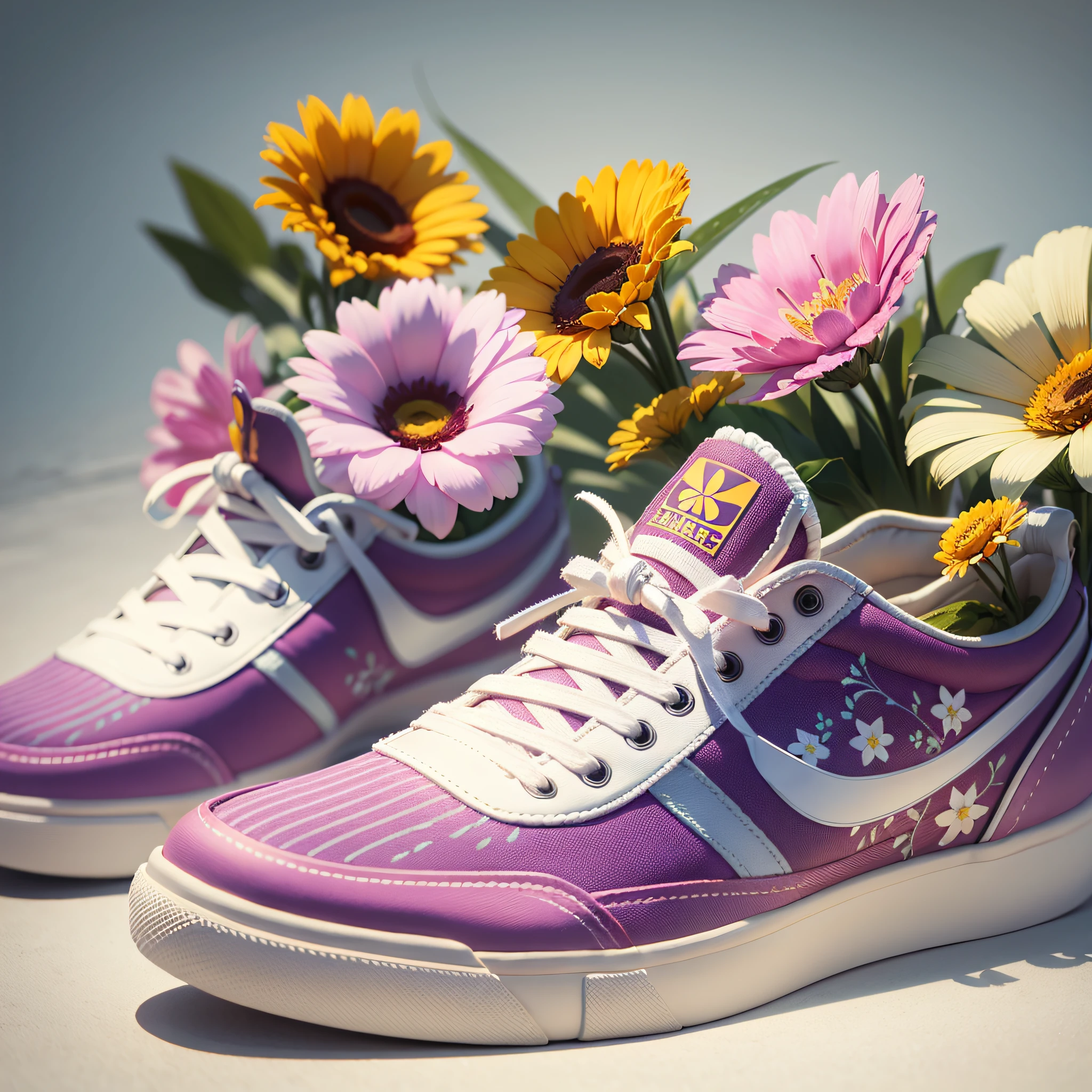 product photography flowers sneakers, epic render, octane, atmosphere, particles --auto --s2