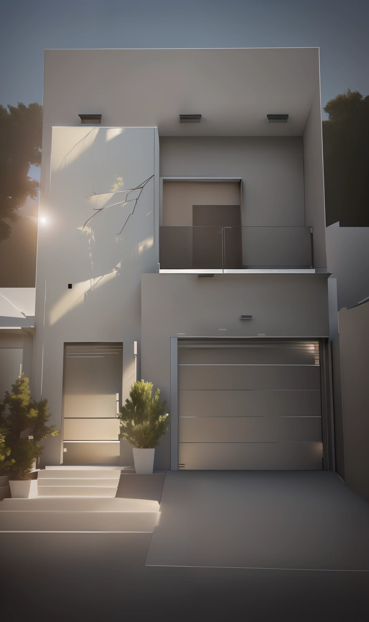 a rendering of a house with garage and staircase, front view, concept house, front view, elevation view, front image, exterior design, detailed rendering, front elevation view, front perspective, facing front, complete house, facing front!!!, perspective view, general architectural design, one house, front view, architectural concept, vision 3/4 realistic luxury finish