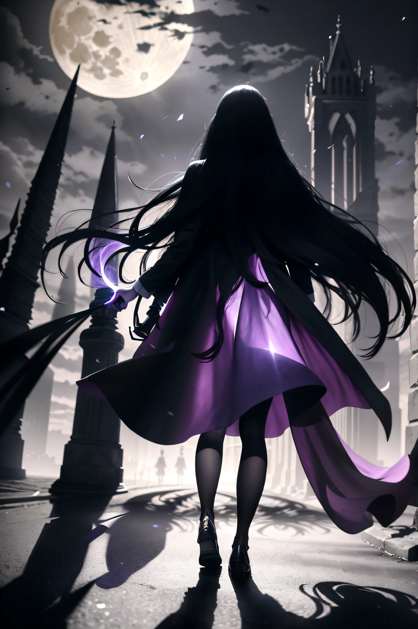woman walking FRONT down a road at night towards a city, with fog and shadows, with a backpack, wavy and long black hair, high quality, ultra-detailed, 8k, masterpiece, (volumetric lighting), black magic, fanciful, lilac colors, purple, shadows and vivids on the woman's back, magic in their hands and a moon behind, witch's chapel,  WAND OF POWER, AND LIVING SHADOWS