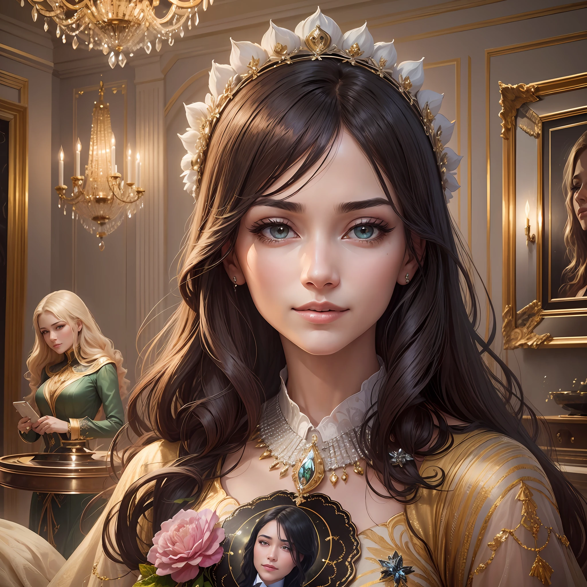 A person filled with envy staring at another successful person, feminine features showing sadness and bitterness, while the successful individual smiles contentedly, receiving an elegant suit, in a luxurious setting with crystal chandeliers, in the style of realistic painting, using a camera with telephoto lens and wide aperture, realistic illustration --auto --s2