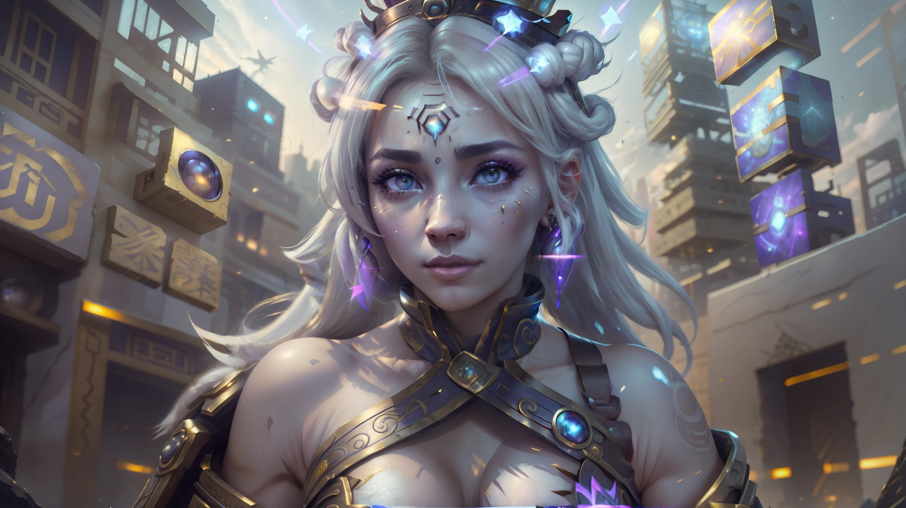 "Masterpiece, high quality, detailed, high resolution, 4k, 8k, realistic skin texture, amazing shadows, perfect lighting, hyper-realistic." A beautiful female warrior empress, cosmic lights, (Chinese white eyes, eye shadow, gloves, white light skin, small breasts, toned abs), insane chinese city on the background, crown --auto --s2