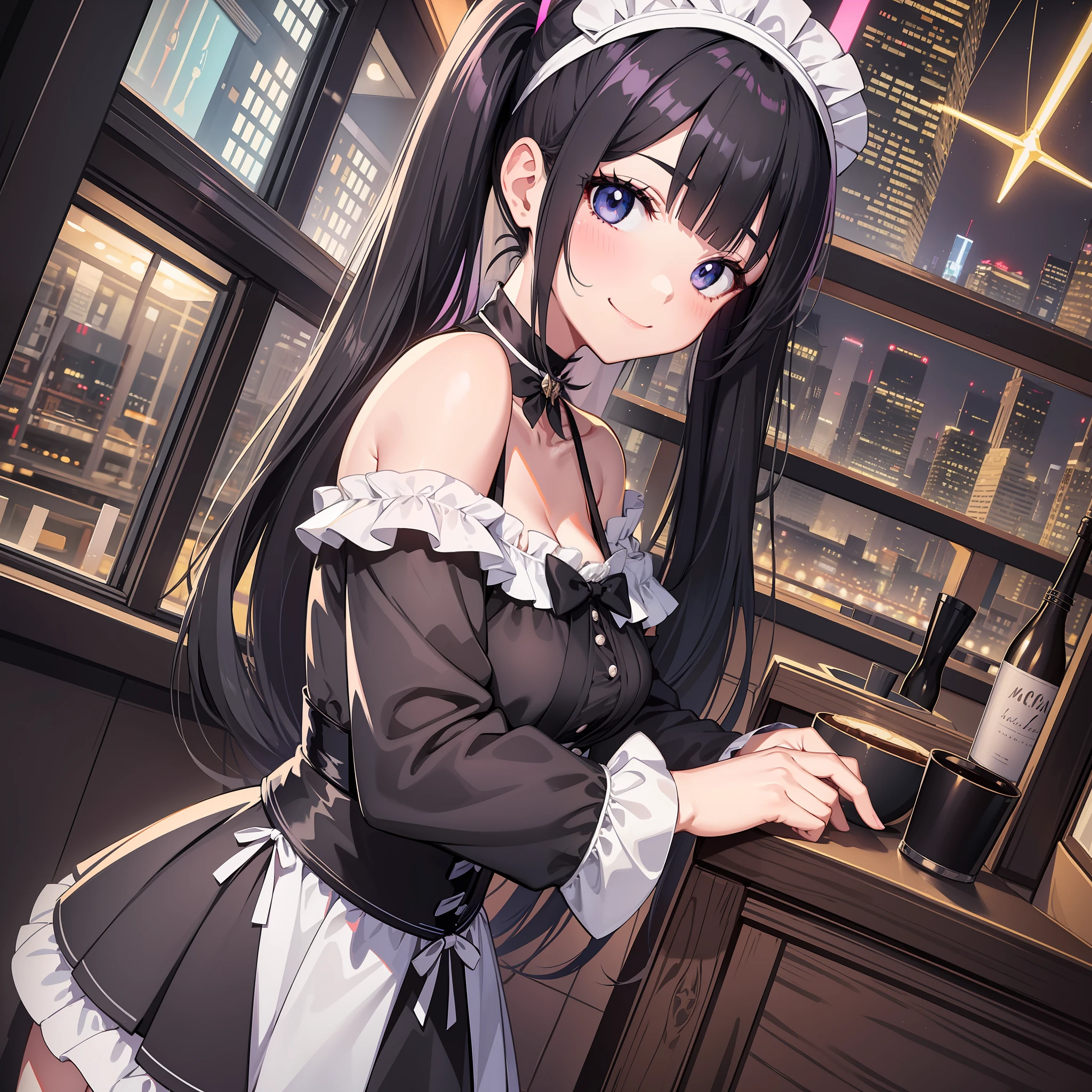 30 years age women, wear maid dress off shoulder, stocking, perfect face, beautiful eyes, black long Hair in two pigtails, standing in a cafe With a neon glow, Looking at the bustle of the city in midnight, smile, Wearing a headband, black eyes, variation angle