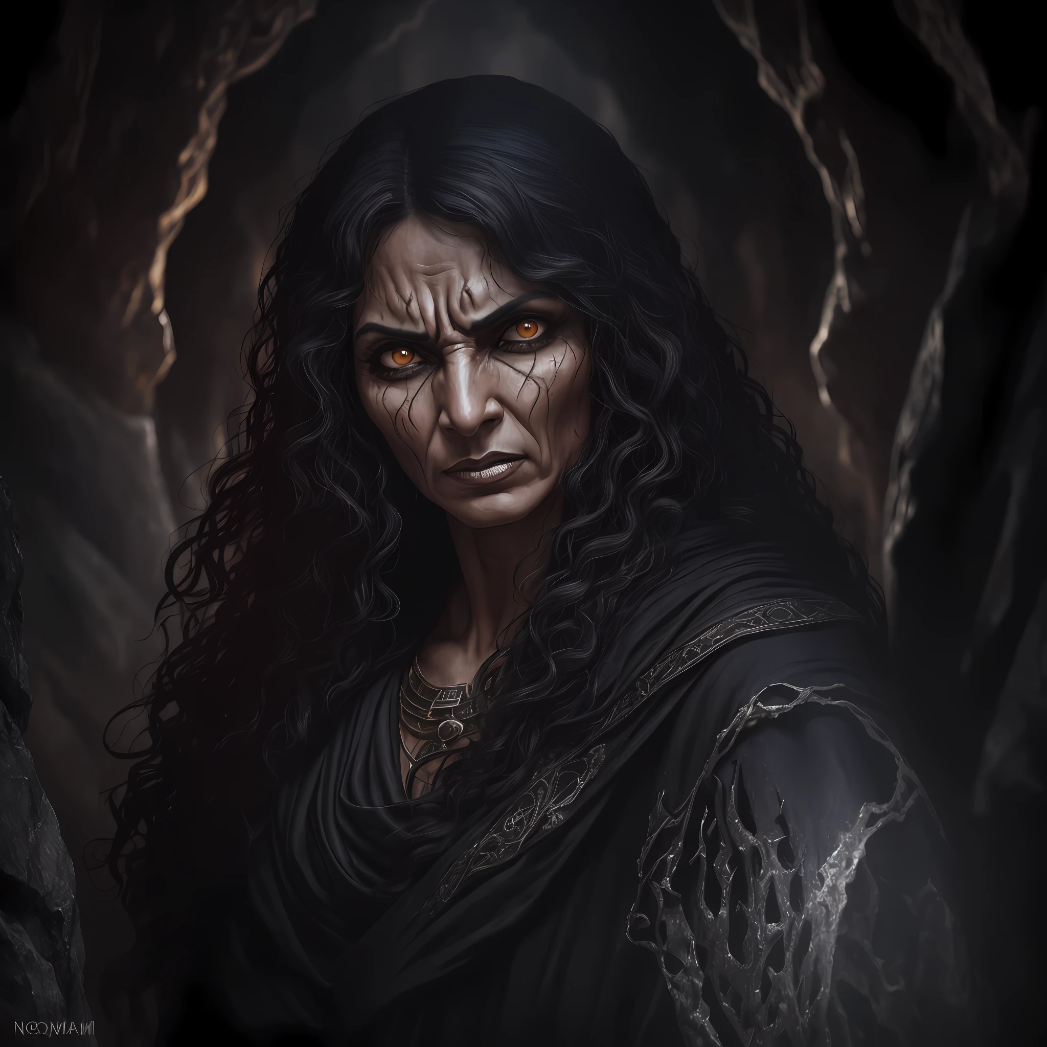 50-year-old Egyptian woman, close up face, flowing curly black hair, demonic and evil look, expression of anger and fury, noble clothes, scenery of a cave full of skulls, dark spells, dark fantasy, dark lighting, rich details, realistic photo, 1980, cold light, masterpiece, fear, horror, evil, demonic --auto --s2