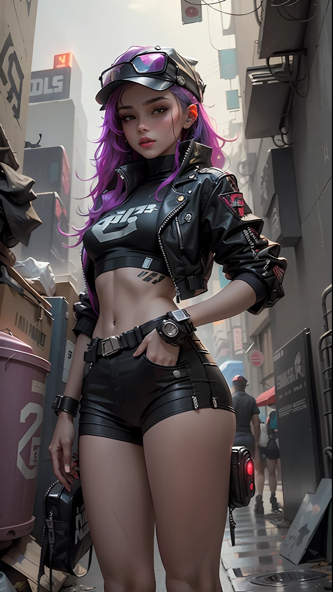 Beautiful woman medium hair, wearing cap, cyberpunk style short clothes