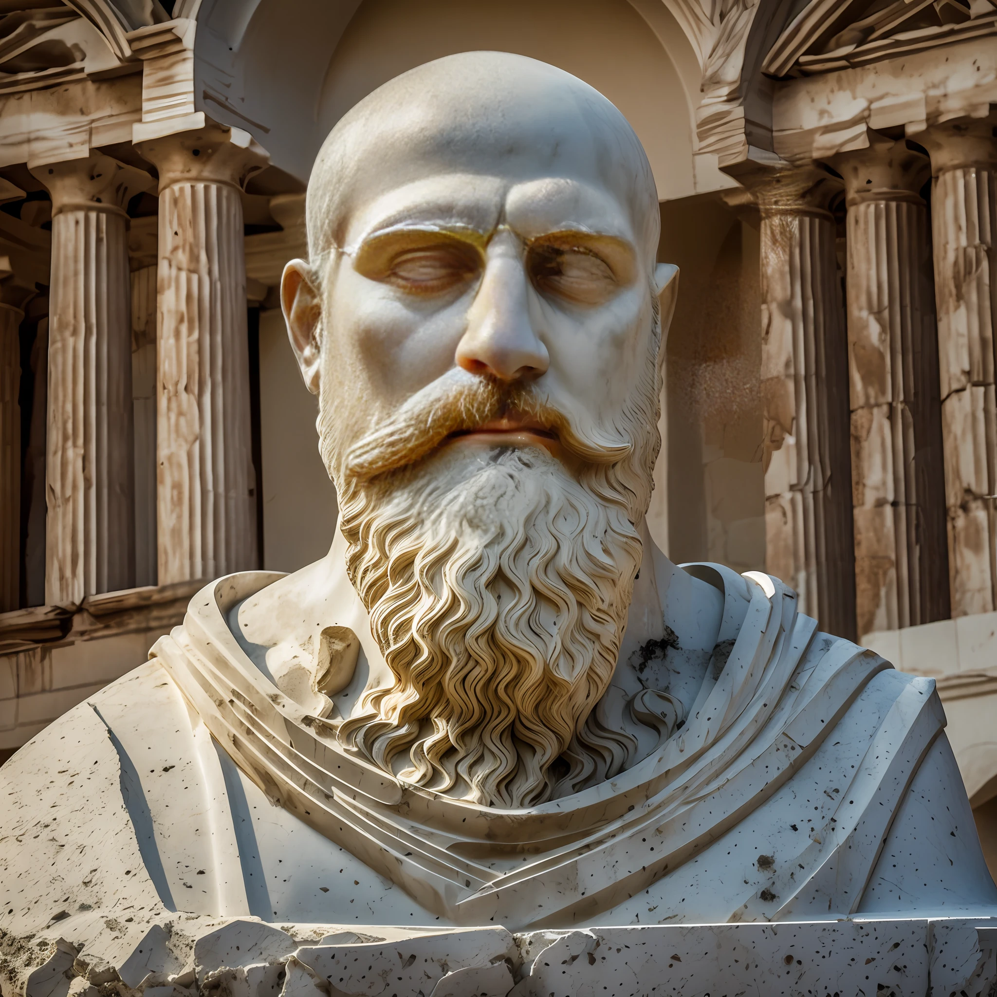 marble sculpture of the face of a Greek god ((bearded and bald)) in a destroyed place, cinematography, epic light and shadow, lots of contrast, professional photography