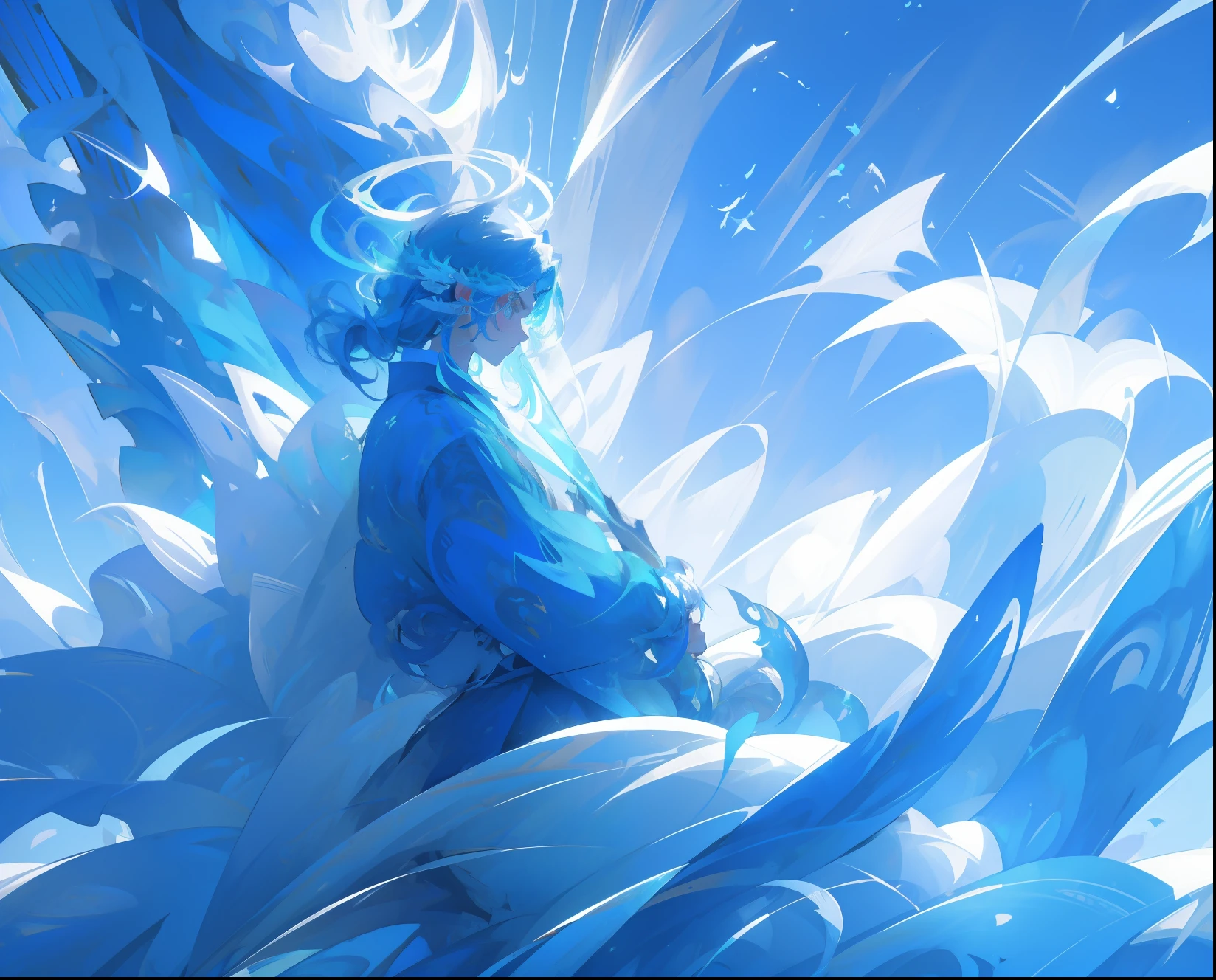 A male mermaid fish scales colored halo sitting on a cloud blue hair pupil blue aesthetic upper body is a boy lower body is a fish tail lying on a cloud 8 lessons very detailed best treatment, high quality wallpaper masterpiece.