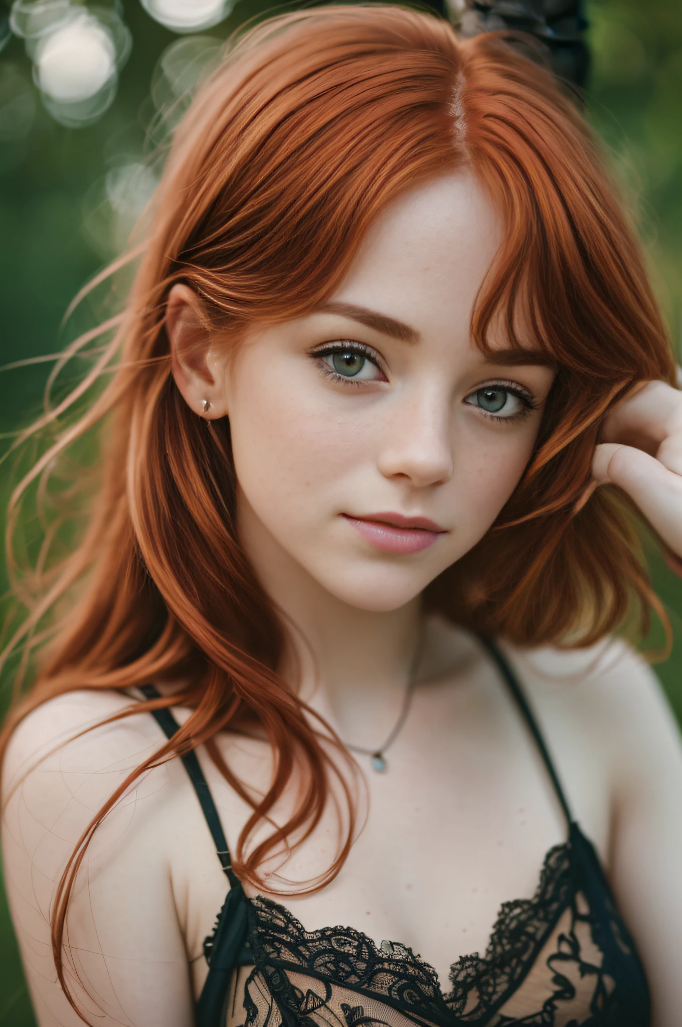 (8k, RAW photo, highest quality) depth of field, bokeh, 8K, HDR, cinematic rendering, a portrait of a 30-year-old redhead, framing from the navel, some small freckles, dressed in a ragged nightie, straps dropped, peeled, leaning against a tree in the wilderness, goosebumps, cinematic, faded colors, dark shot, muted colors, grainy film, read, crazy details, intricate details, hyperdetailed, sunset, shyness, seduction, romance, looks at the camera lens lovingly, no visible hand