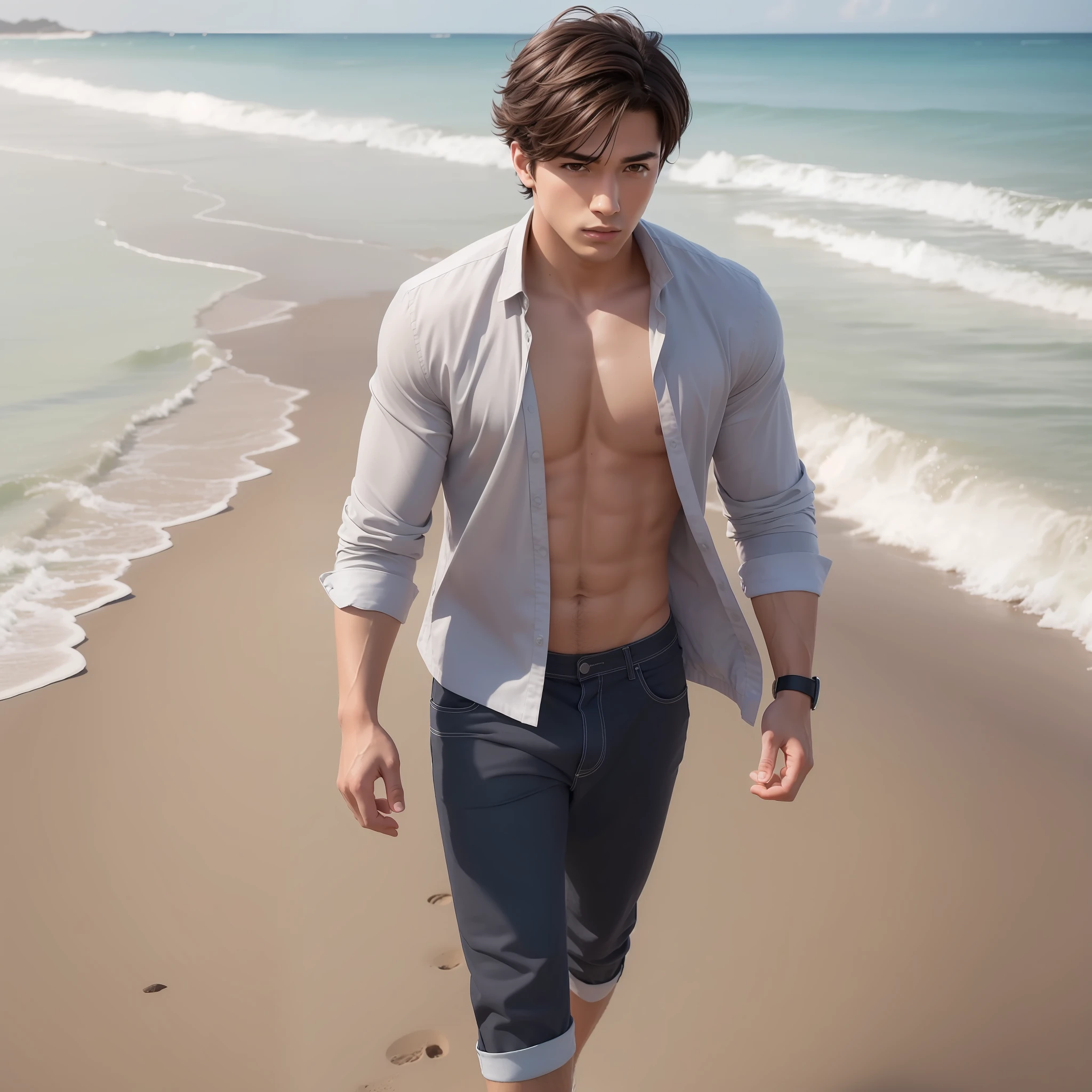 (Masterpiece) 8K resolution, handsome young man strolling on a popular beach, short black hair, hazel eyes, brown eyes, clothes that were on the beach, anime style, model style,