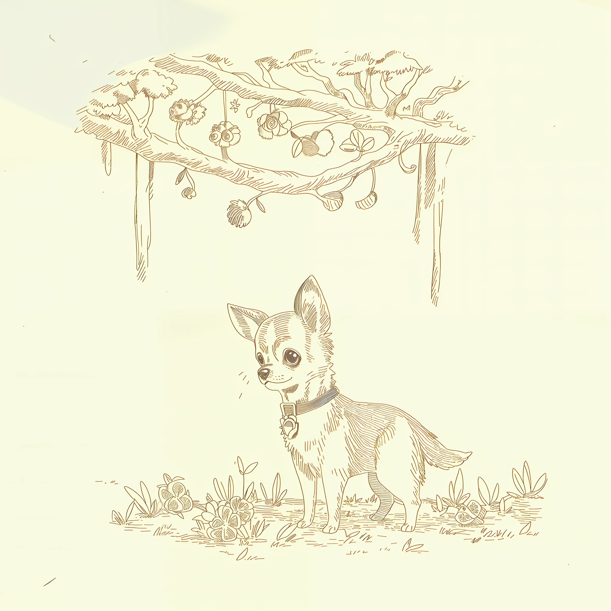 1 cute chihuahua dog, forest with trees and flowers, (masterpiece, best quality: 1.1), (sketch: 1.1), paper,