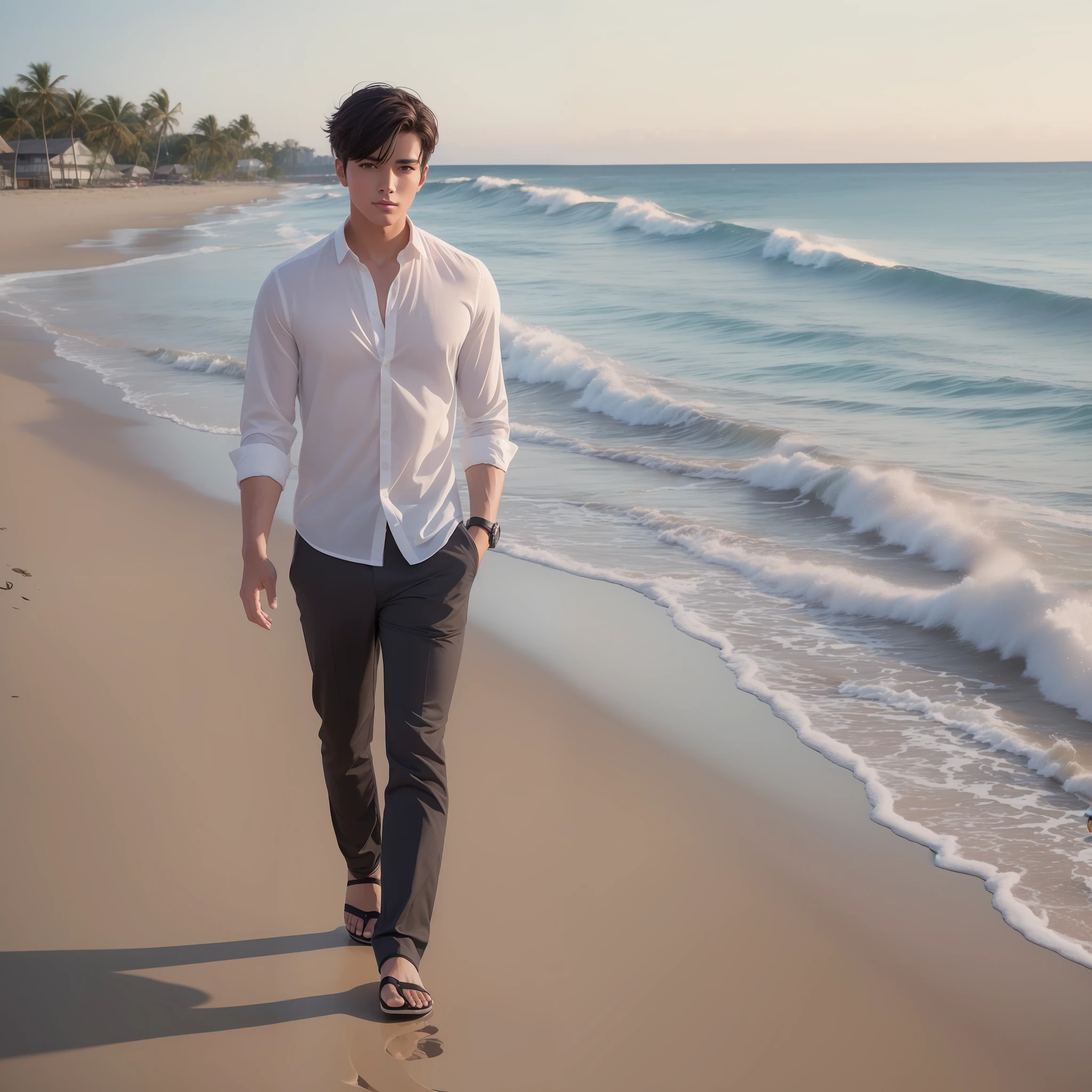 (Masterpiece) 8K resolution, handsome young man strolling on a popular beach, short black hair, hazel eyes, brown eyes, clothes that were on the beach, anime style, model style,