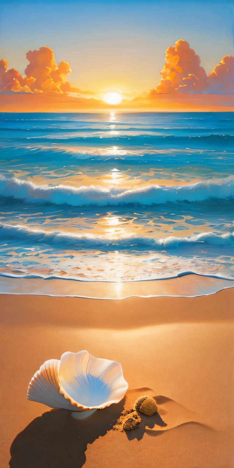 A surrealistic painting of a conch shell resting on a sandy beach in a tropical paradise at sunset. The warm, golden light of the sun illuminates the scene, casting long shadows on the sand. The conch shell is depicted in stunning detail, with bold and vibrant colors that give it a magical, otherworldly quality. The painting is executed in the style of Salvador Dali using oil on canvas to create a dreamlike atmosphere. The museum-quality artwork invites the viewer to step into this enchanted world of sand, sea, and sky.