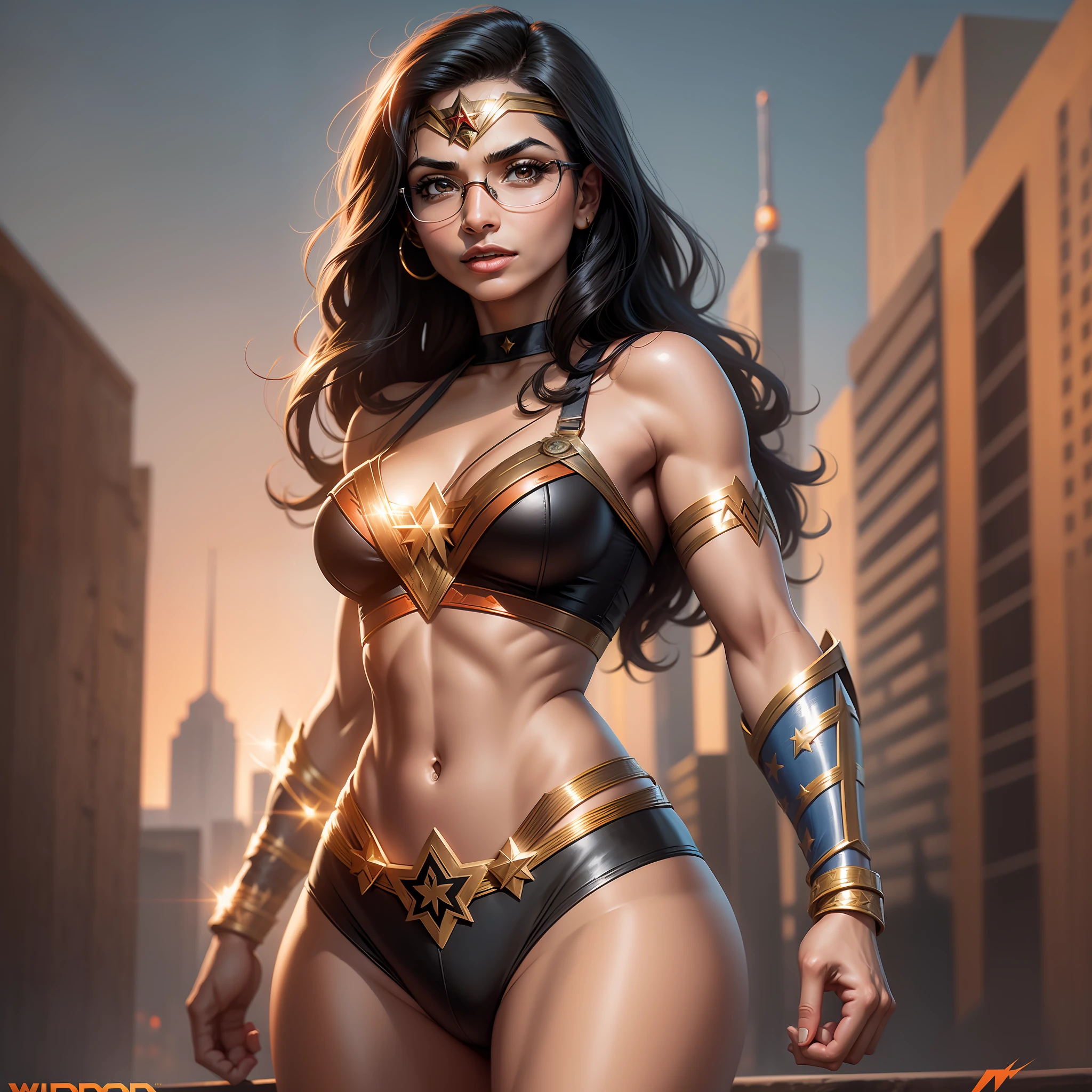 Mia Khalifa as Wonder Woman, black and orange background, golden lasso, SFW, action movie poster