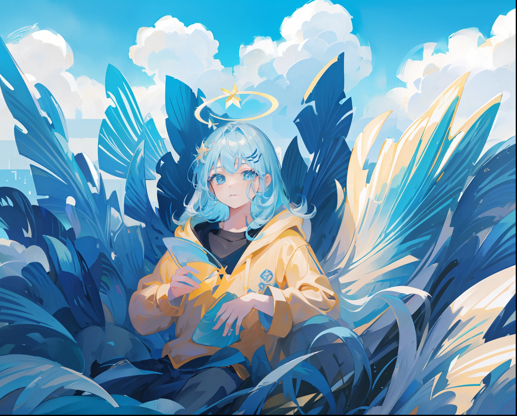 A male mermaid Fish scales Colorful halo Sitting on a cloud Blue hair Pupil blue Aesthetic The upper body is a boy, the lower body is a fish's tail, lying on the cloud 8k Very detailed and high-quality.