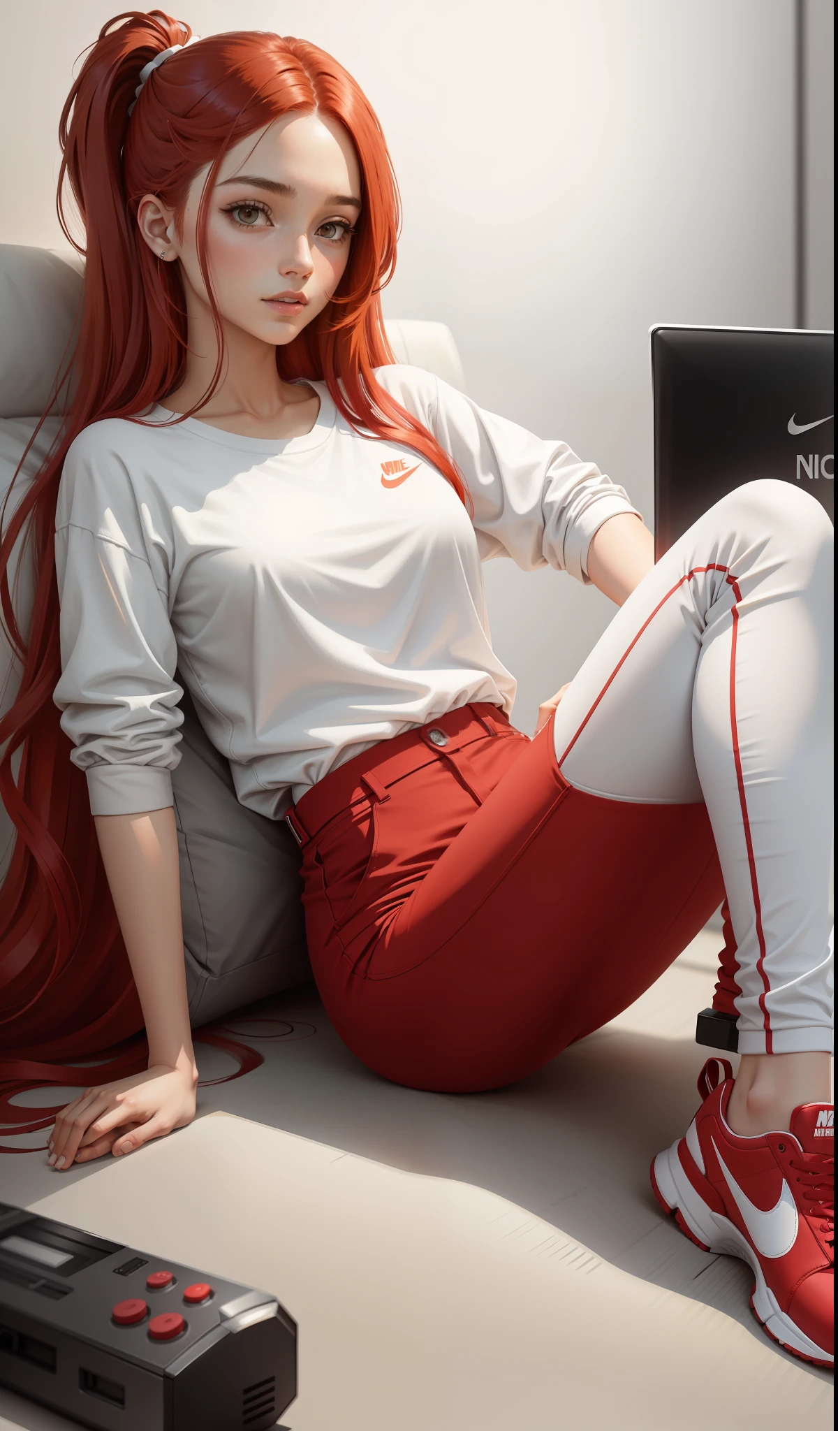 a woman in a white shirt and red pants is playing video game, simple style, wearing elegant casual clothes, muted red, simple clothes, milk and red style, casual clothing style, modern fashion outfit, wearing a fisher , casual modern clothing, inspo, red clothes, red pants, neutral tones, rred and white color scheme, casual business outfit, scary face, nike shoes, 22 years old, adult face, long hair, ((red hair))