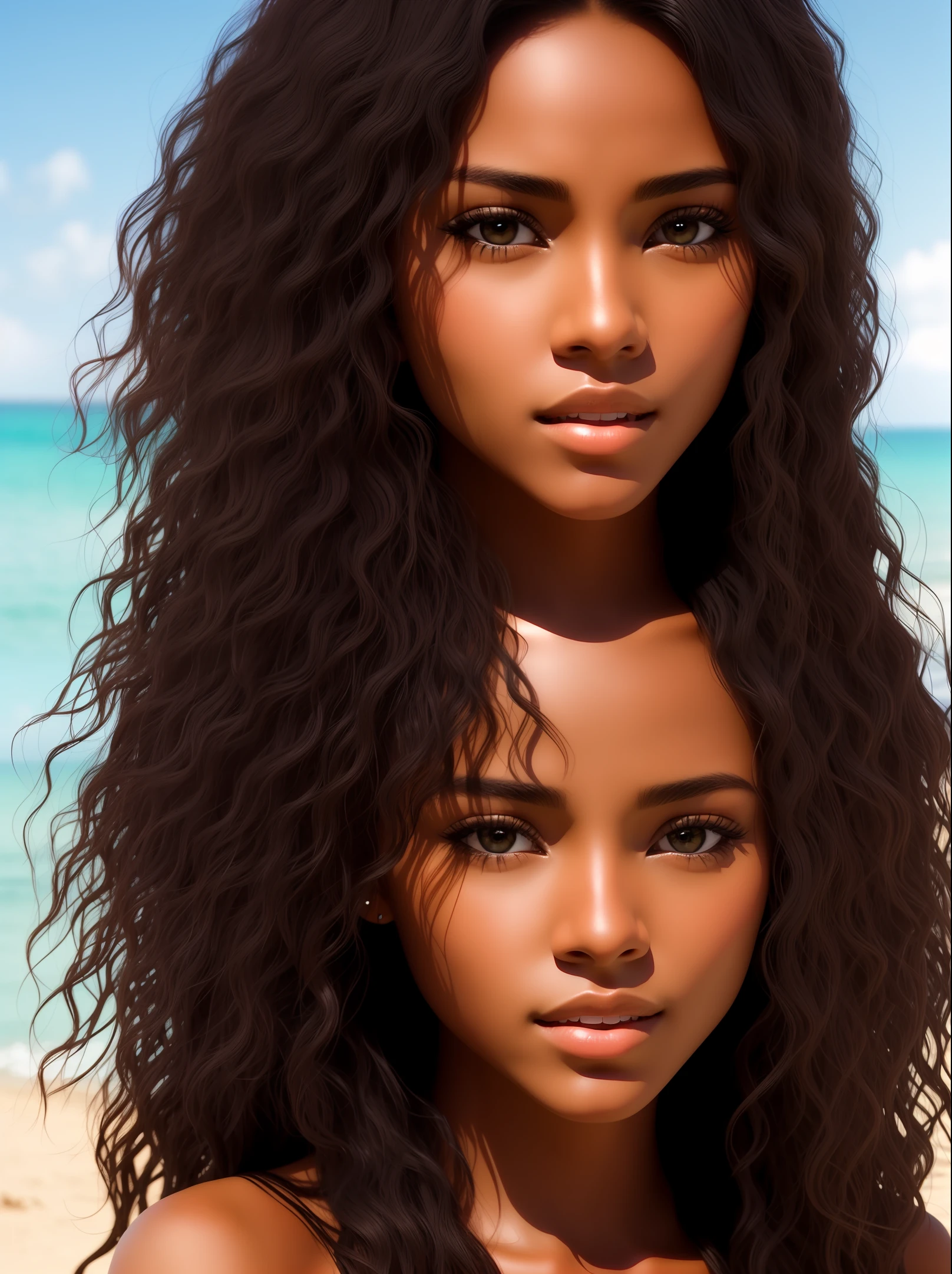 Photograph of a very beautiful woman, with long hair, black skin color, brown eyes, full body, centered face. detailed face.cinema effect. Image background on the beach, edited in Adobe premiere 8k.