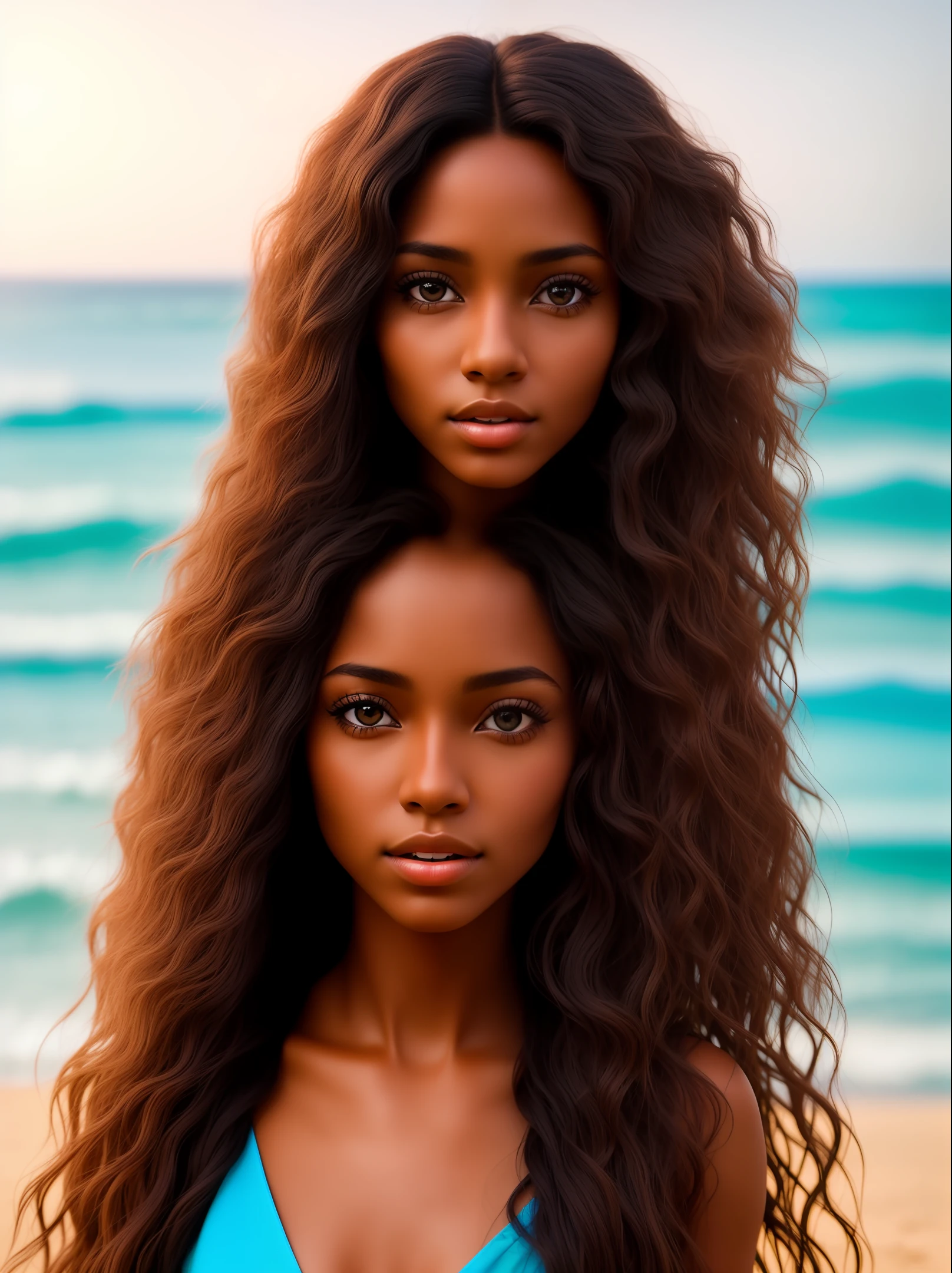 Photograph of a very beautiful woman, with long hair, black skin color, brown eyes, full body, centered face. detailed face.cinema effect. Image background on the beach, edited in Adobe premiere 8k.