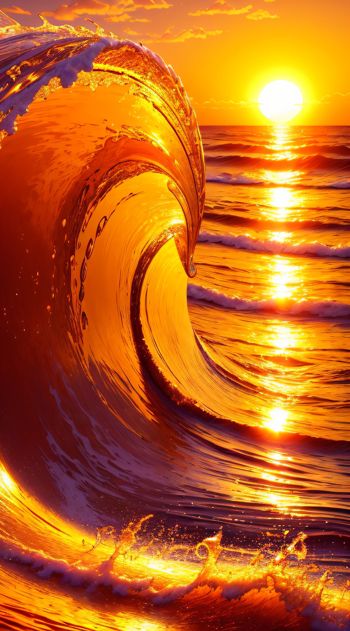 Masterpiece, best quality, (8k very detailed CG unit wallpaper) (best quality), (best illustration), (best shadows) a golden sea wave, bright orange aol sunset through the wave, golden droplets flying, (:5.6)