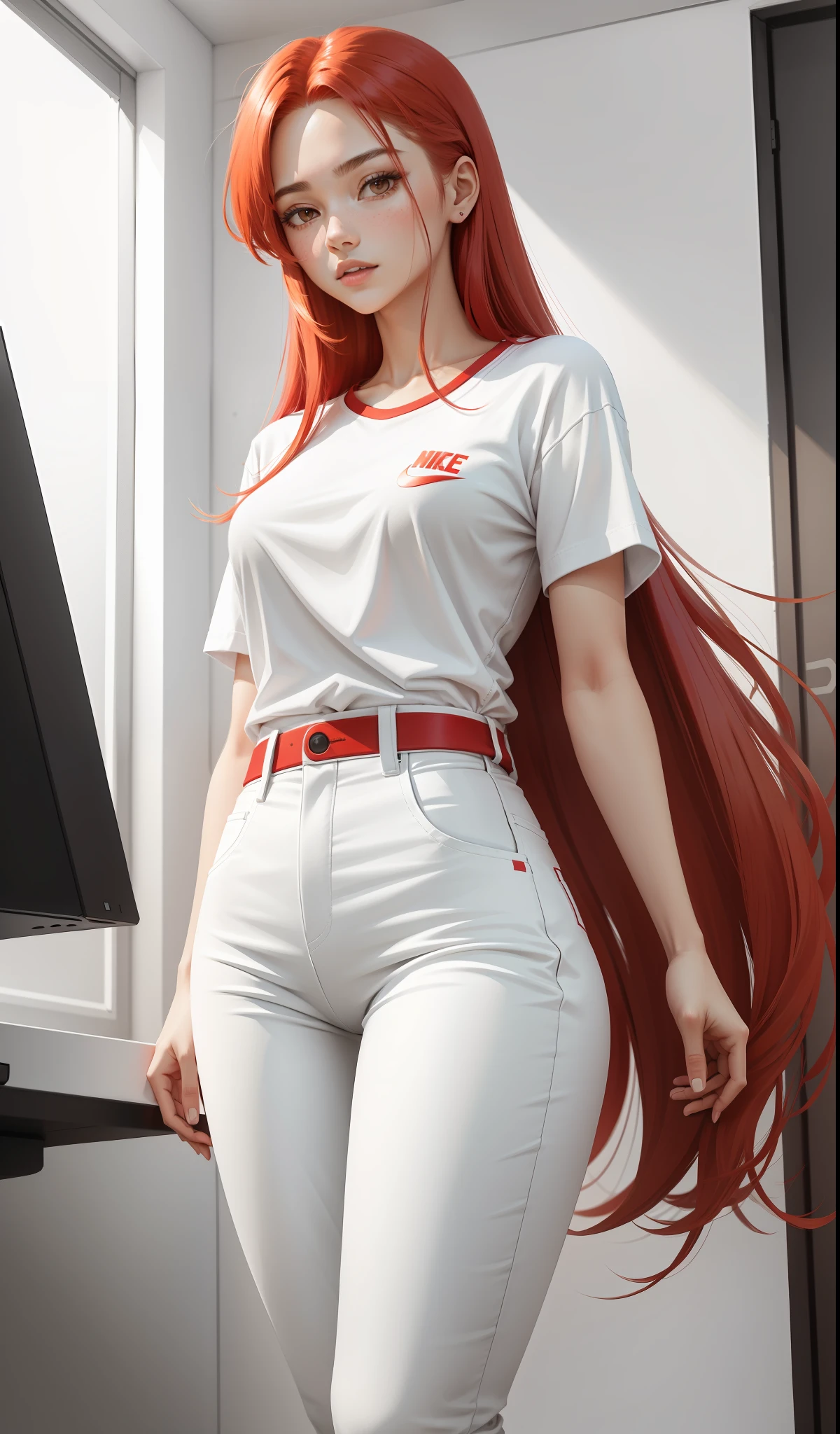 a woman in a white shirt and red pants is playing video game, simple style, wearing elegant casual clothes, muted red, simple clothes, milk and red style, casual clothing style, modern fashion outfit, wearing a fisher , casual modern clothing, inspo, red clothes, red pants, neutral tones, rred and white color scheme, casual business outfit, scary face, nike shoes, 22 years old, adult face, long hair, ((red hair))