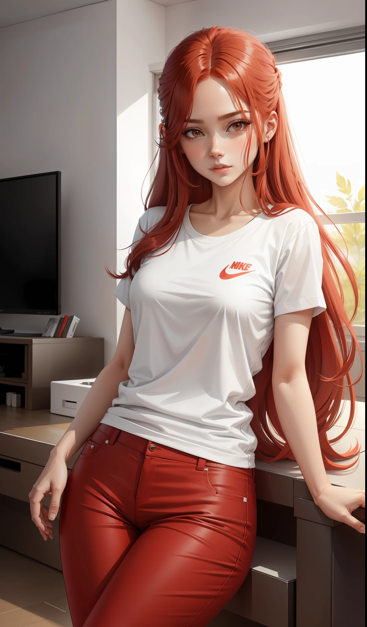 a woman in a white shirt and red pants is playing video game, simple style, wearing elegant casual clothes, muted red, simple clothes, milk and red style, casual clothing style, modern fashion outfit, wearing a fisher , casual modern clothing, inspo, red clothes, red pants, neutral tones, rred and white color scheme, casual business outfit, scary face, nike shoes, 22 years old, adult face, long hair, ((red hair))