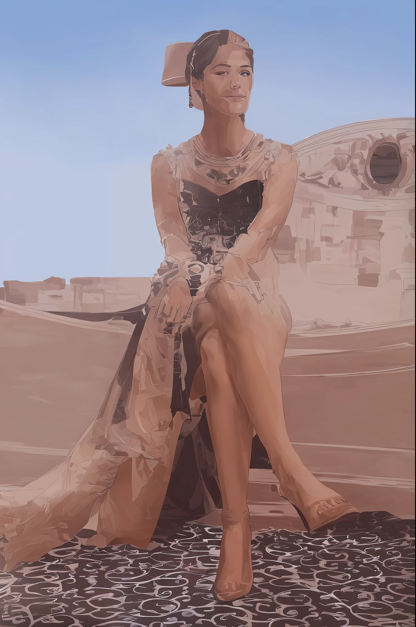 (Masterpiece, Top Quality, Best Quality, Extreme Detail, Supreme Detail, Official Art, Beauty and Aesthetics: 1.2), Colorful, Upper Body Shot, Beautiful Face, Solo, Perfect Body, painted portrait of a princess with light pale skin, braided brown hair, black large eyes, and light pink floral Royal gown, sitting on her bed, looking upward at viewer.