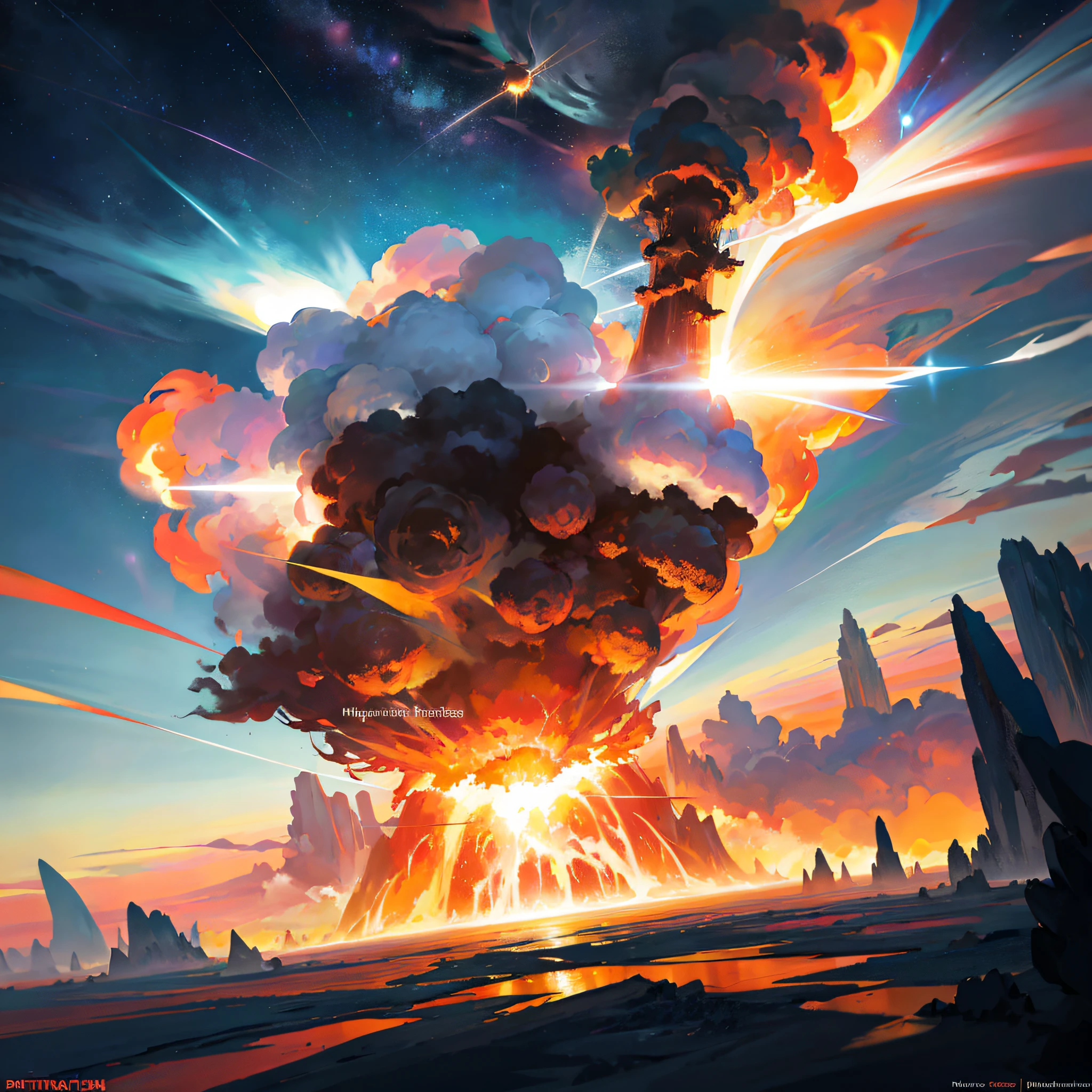 nuclear explosion in the sky, in the style of max rive, witty and clever cartoons, petros afshar, photo-realistic landscapes, focus stacking, surrealistic poses, explosive wildlife