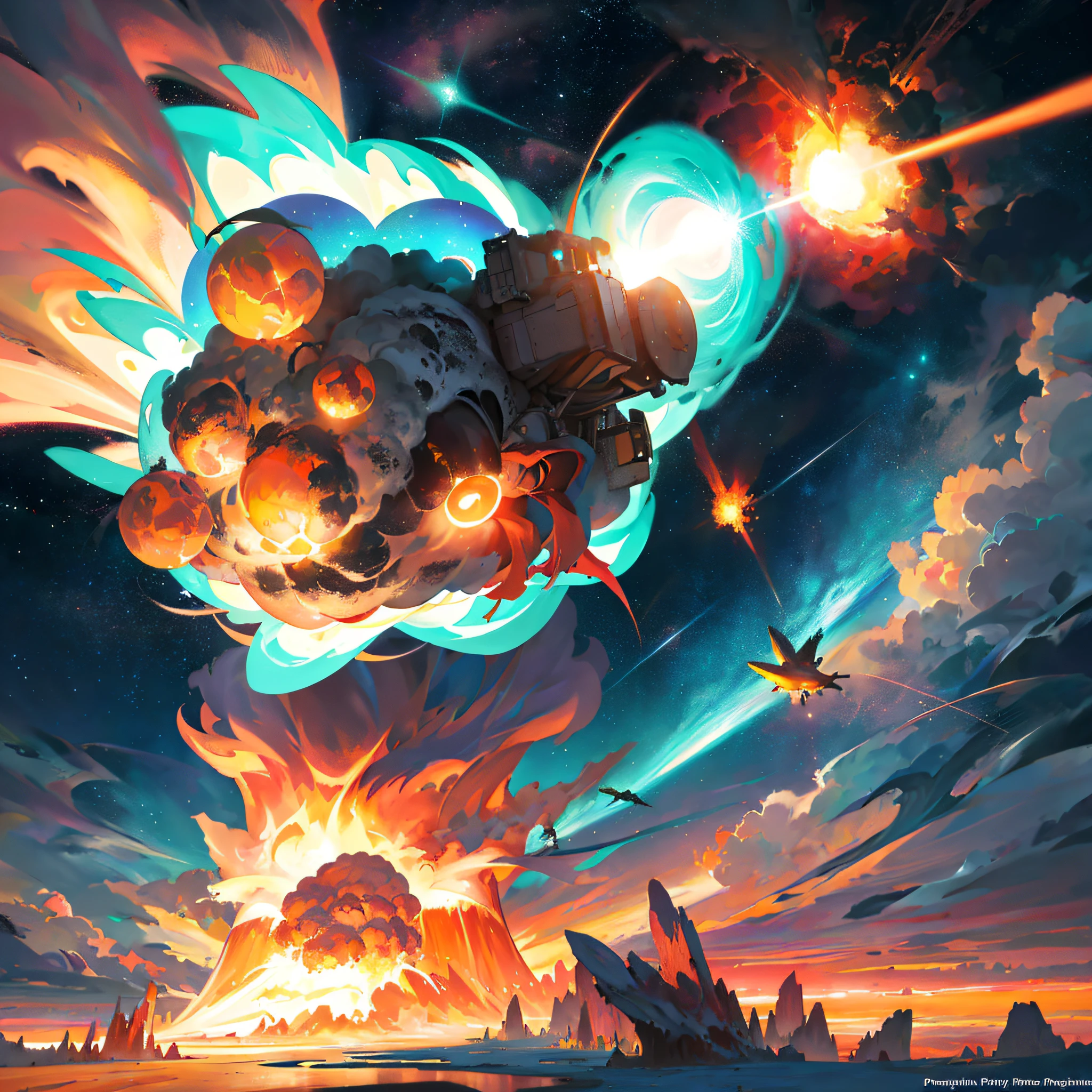 nuclear explosion in the sky, in the style of max rive, witty and clever cartoons, petros afshar, photo-realistic landscapes, focus stacking, surrealistic poses, explosive wildlife