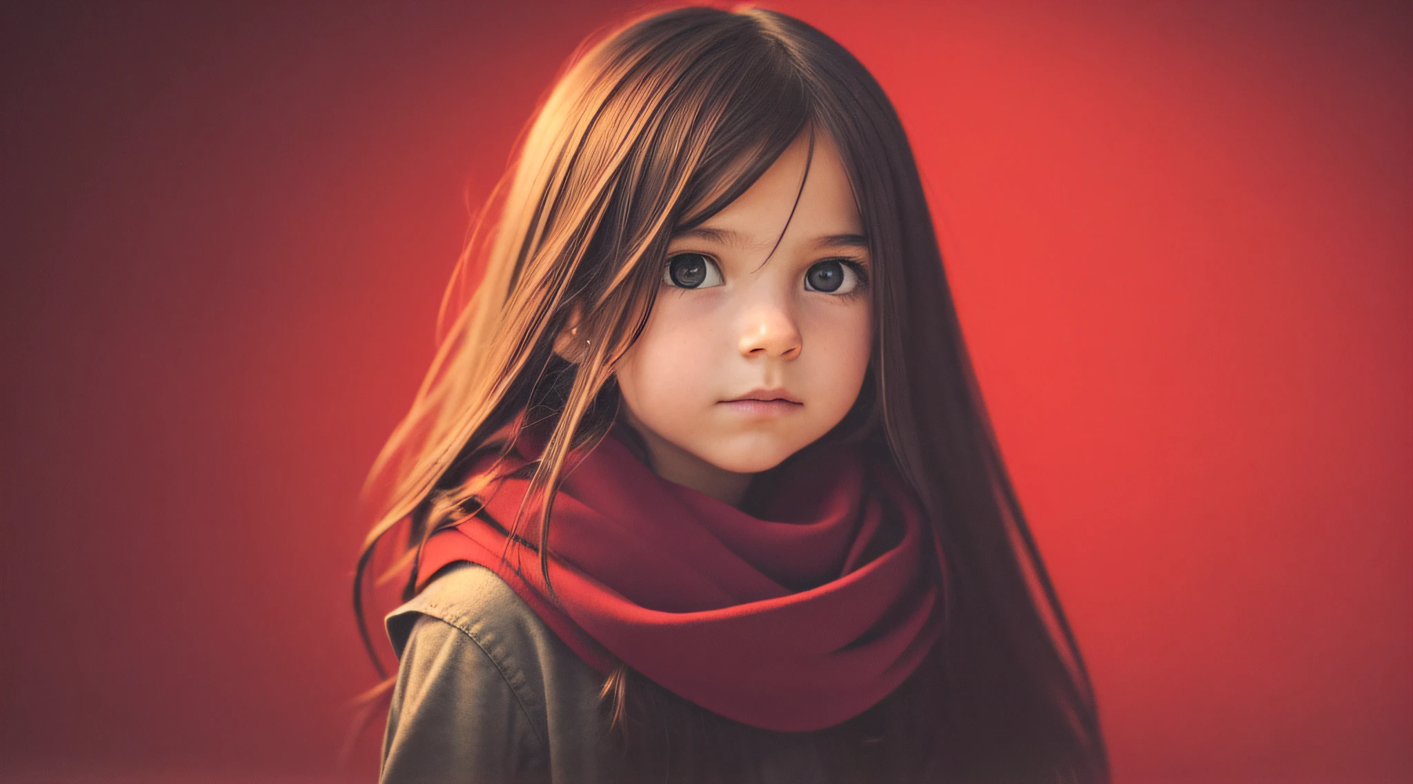 Child girl with long hair and a scarf on her neck, soft light portrait, soft light medium portrait, soft low light portrait, red and cinematic lighting, dramatic intense lighting, posing in dramatic lighting, atmospheric portrait, atmospheric red lighting, shooting in the dark with studio lights, mysterious portrait, bright red skin, chiaroscuro portrait, red humor in the background --auto --s2