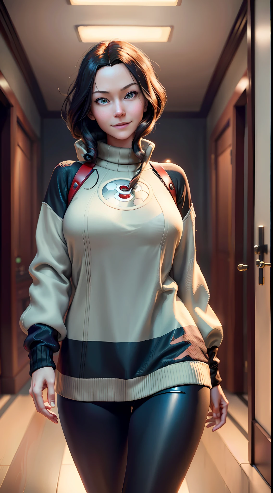 masterpiece, maximum quality, ultra high resolution, 8k, Aunt Cass/Aunt Cass (Movie Big Hero 6), realistic photo, human, full body, very thin, very detailed face, face identical to film, detailed eyes, mischievous smile, wide hips, smooth and soft pellet, wearing sweater