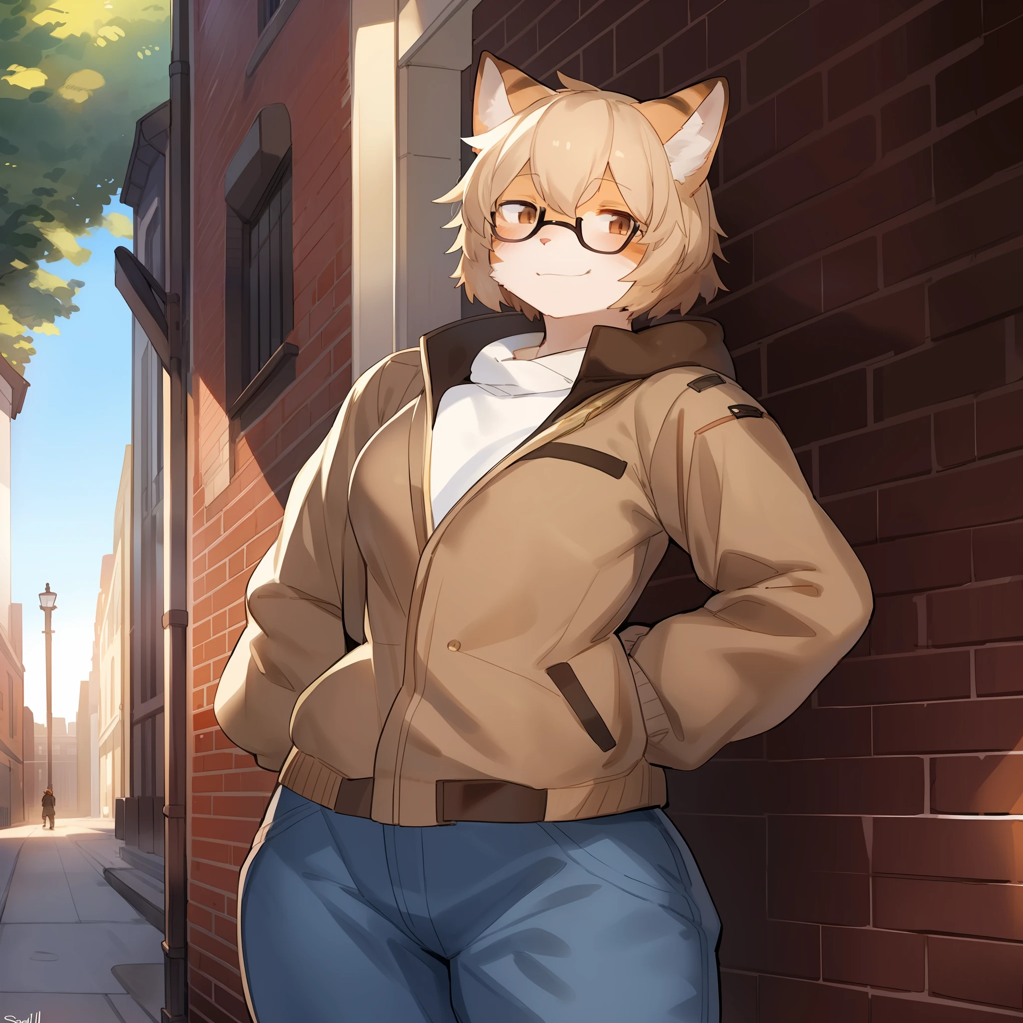 Solo, orange fur, feline, female, cat, (snout), ((domestic cat)), stripes, tabby, tan hair, hair, short hair, brown eyes, brown bomber jacket, blue jeans, golden hour, brick buildings, plants, hands behind back, by bebebebebe, by buta99, by pgm300, by kishibe, by suurin 2, by sindoll, smirking, black glasses