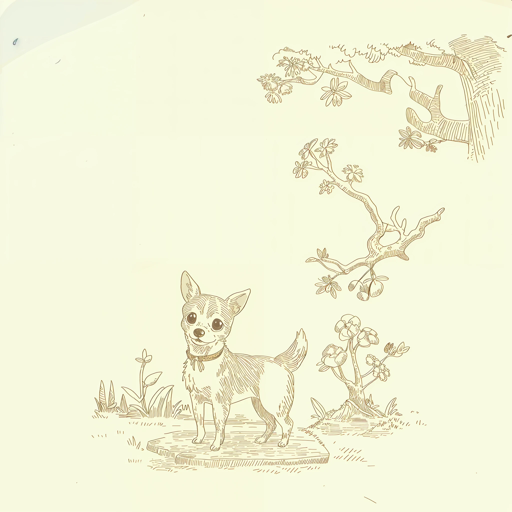 1 cute chihuahua dog, forest with trees and flowers, (masterpiece, best quality: 1.1), (sketch: 1.1), paper,