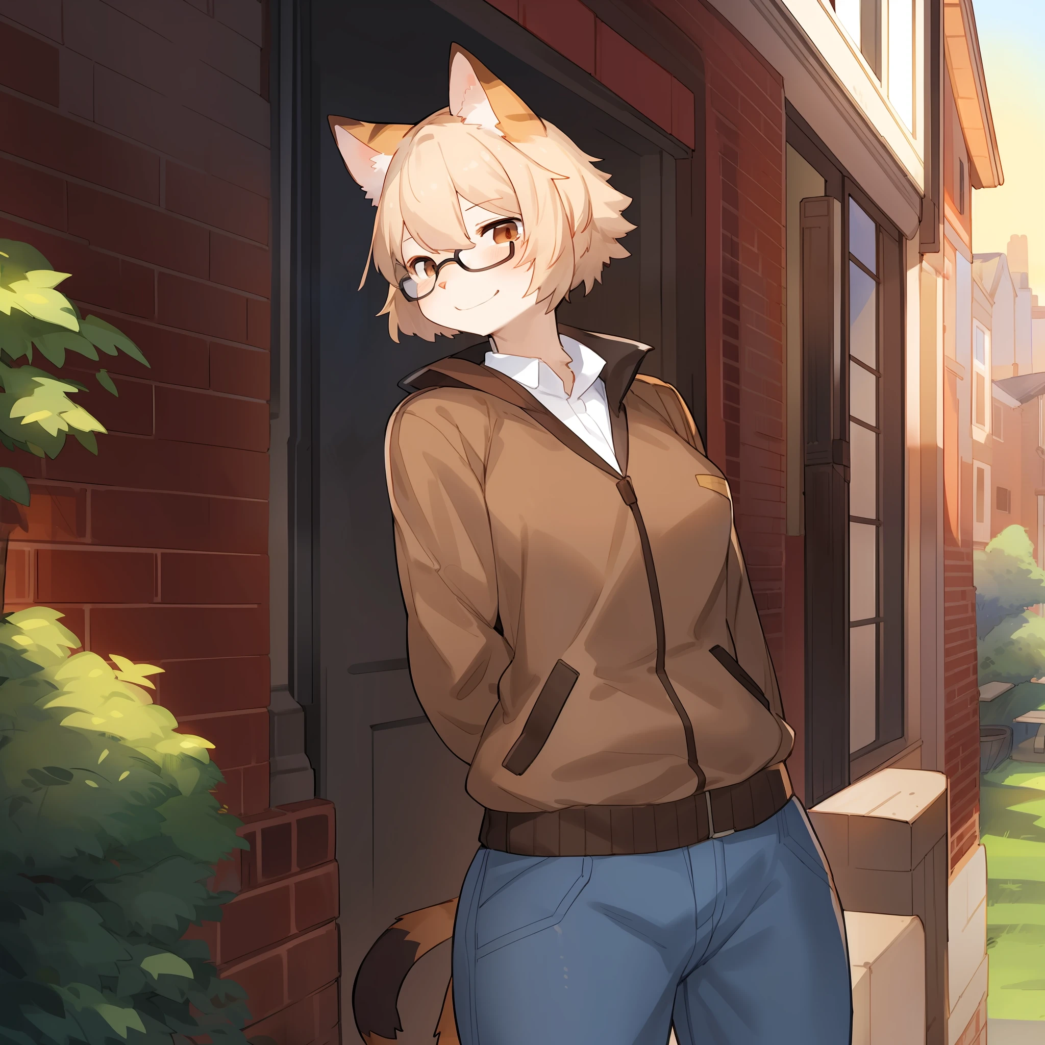 Solo, orange fur, feline, female, cat, (snout), ((domestic cat)), stripes, tabby, tan hair, hair, short hair, brown eyes, brown bomber jacket, blue jeans, golden hour, brick buildings, plants, hands behind back, by bebebebebe, by buta99, by pgm300, by kishibe, by suurin 2, by sindoll, smirking, black glasses