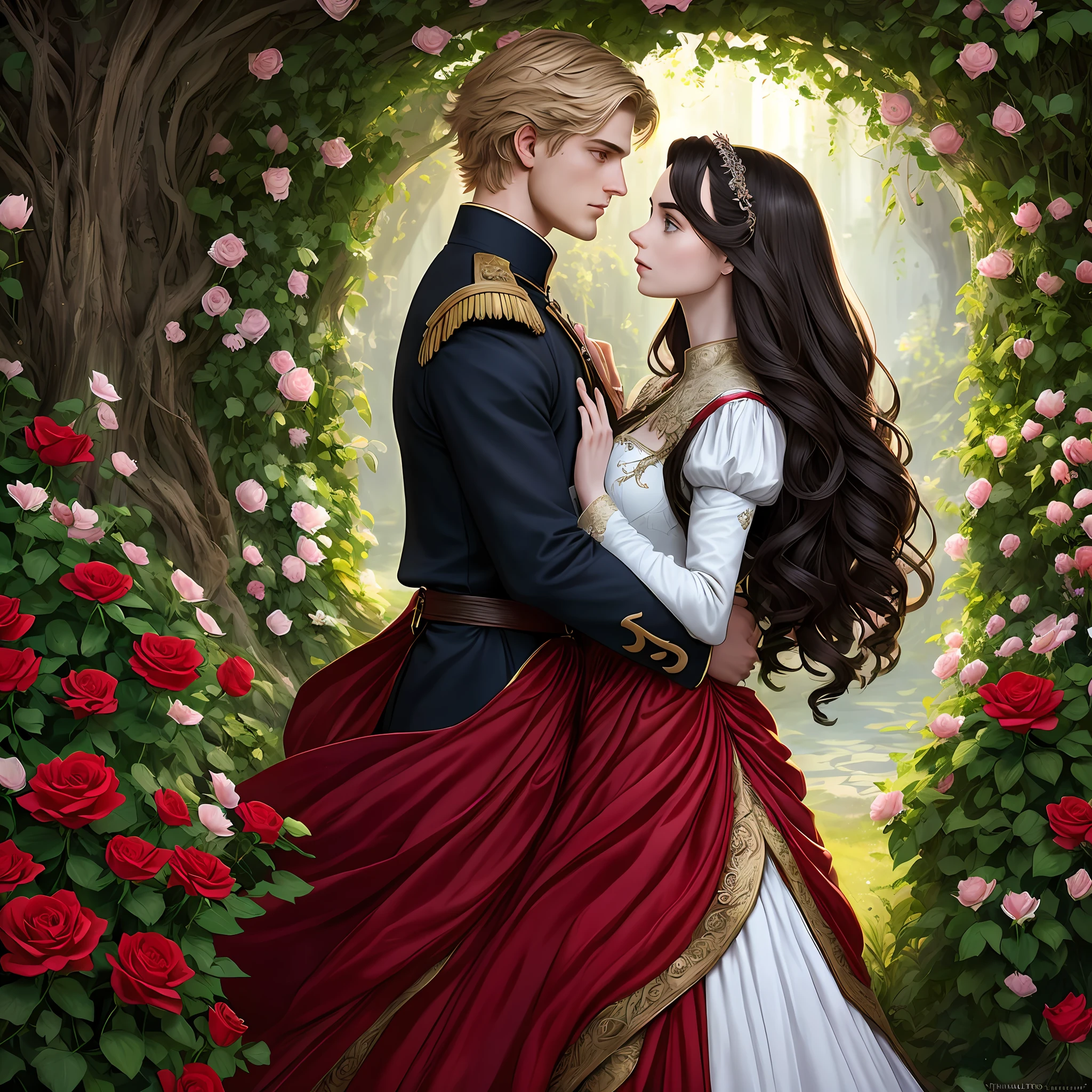 Couple kiss very affectionately, Neels Visser is a prince who has golden blond hair, wears a medieval military outfit and is in love with the commoner Lily Collins, who has curly brunette black hair and wears a red dress, illustration of a romance book cover with a detailed, smooth, bright background filled with flowers covered in ivy and red roses, ornate gown standing in a bed of roses, rim light, dynamic lighting, etherial lighting, ultra detail, concept art, elegant, surreal, art by Lisa Aisato, Greg Hildebrandt, Citemer Liu, Stjepan Sejic, Samyang, Aykut Aydogdu, Justin Gerard, Alphonse Mucha, Artgerm, WLOP, and Greg Rutkowski