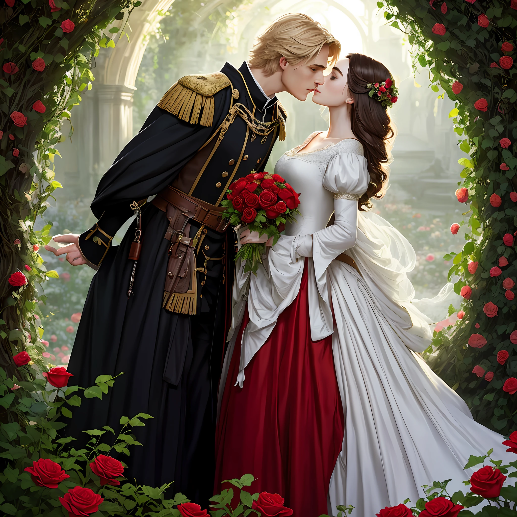 Couple kiss very affectionately, Neels Visser is a prince who has golden blond hair, wears a medieval military outfit and is in love with the commoner Lily Collins, who has curly brunette black hair and wears a red dress, illustration of a romance book cover with a detailed, smooth, bright background filled with flowers covered in ivy and red roses, ornate gown standing in a bed of roses, rim light, dynamic lighting, etherial lighting, ultra detail, concept art, elegant, surreal, art by Lisa Aisato, Greg Hildebrandt, Citemer Liu, Stjepan Sejic, Samyang, Aykut Aydogdu, Justin Gerard, Alphonse Mucha, Artgerm, WLOP, and Greg Rutkowski