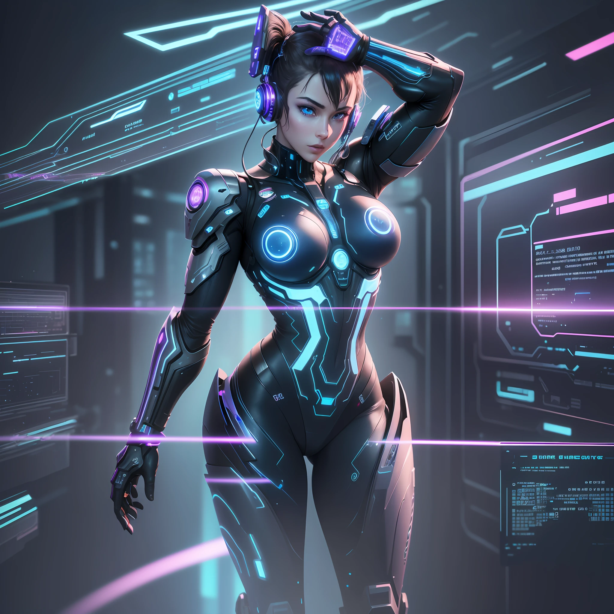 ultra-realistic, cyborg with glowing blue eyes and intricate circuitry, (dynamic pose, floating), high tech laboratory setting with flickering light and holographic displays, (vaporwave aesthetic, cyberpunk feel), (high-resolution, top-quality, 8K wallpaper). --auto --s2