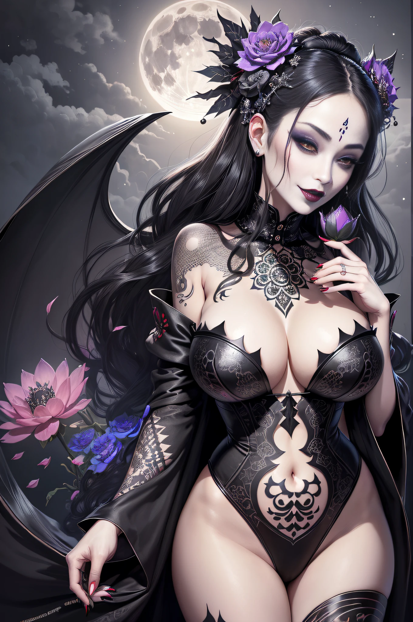 ((hyperrealistic, photorealistic, 8k, intricate details)) A Gothic geisha, funeral queen, goddess of the dead, underworld lady, consort of death, damsel of Hell, femme fatale, pale face, flowing hair, fleshy lips (black lipstick) full breasts, silky pese (tattoos), thick thighs, wearing a gothic makeup (Santa Muerte), and a black erotic gothic bikini kimono with white lotus flowers, smiling (showing teeth) and walking on a beach at night (full body), ((night, dark)) teeming with flowers on the edge (steam), and behind it a gigantic full moon shines illuminating at night.