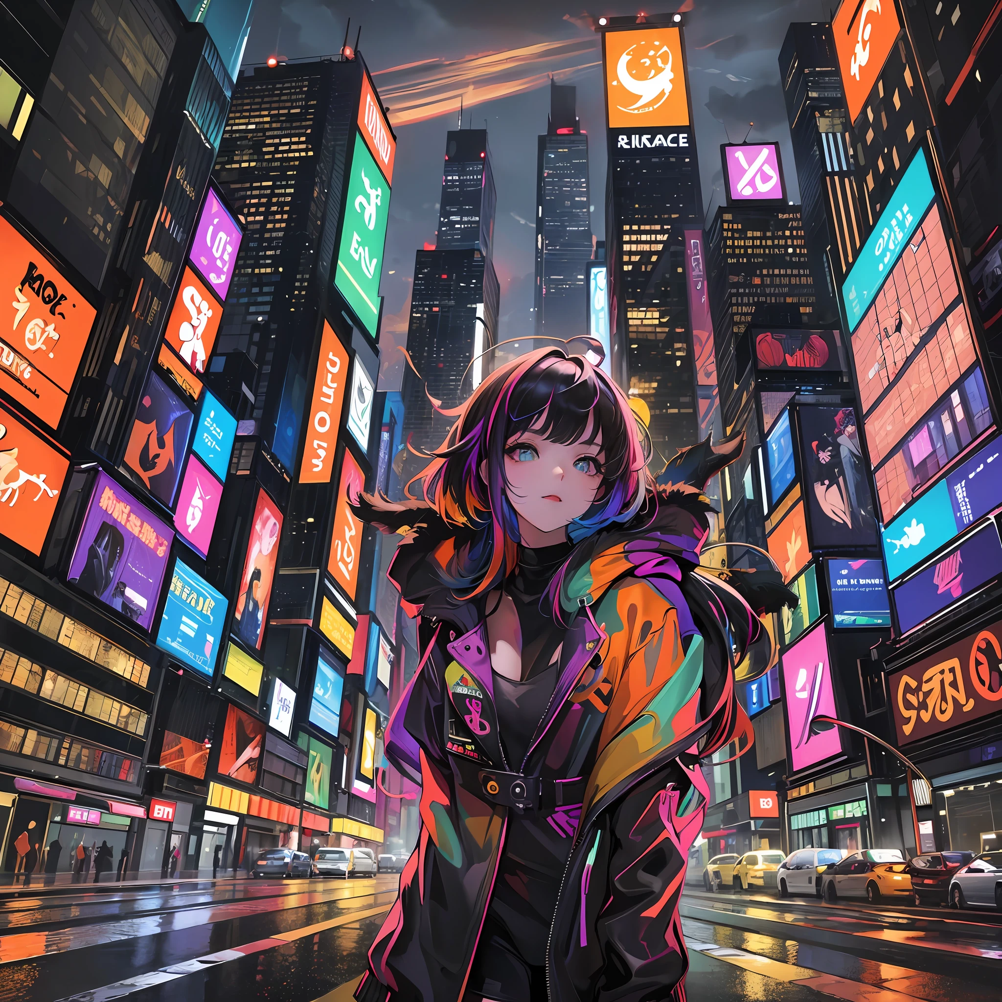 (masterpiece, high quality, highres,illustration), 1girl, galaxy multicolored hair in New york city playing with a black cat at night with orange fog, cybercity, high detailed cat face, --auto --s2