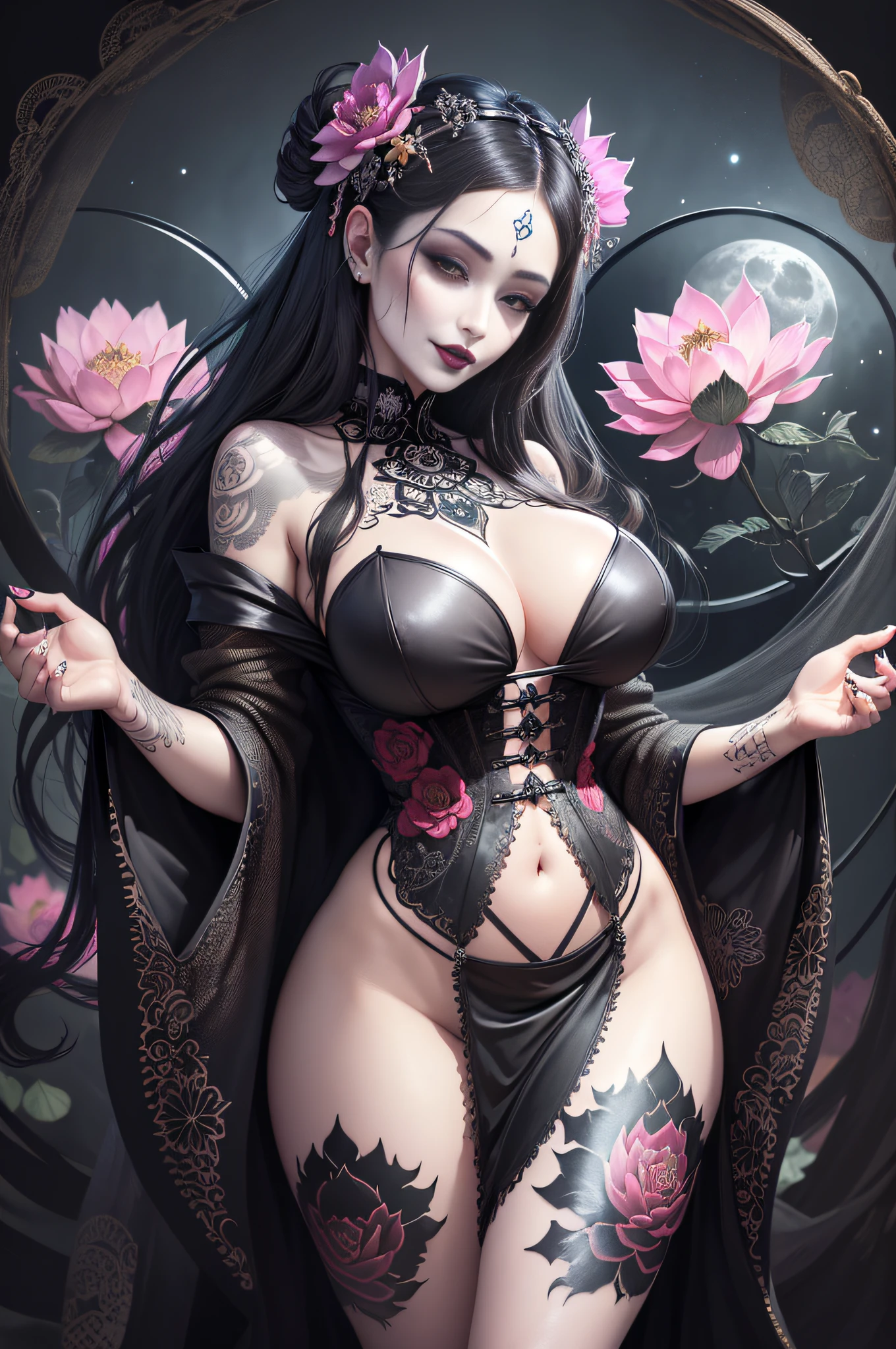 ((hyperrealistic, photorealistic, 8k, intricate details)) A Gothic geisha, funeral queen, goddess of the dead, underworld lady, consort of death, damsel of Hell, femme fatale, pale face, flowing hair, fleshy lips (black lipstick) full breasts, silky pese (tattoos), thick thighs, wearing a gothic makeup (Santa Muerte), and a black erotic gothic bikini kimono with white lotus flowers, smiling (showing teeth) and walking on a beach at night (full body), ((night, dark)) teeming with flowers on the edge (steam), and behind it a gigantic full moon shines illuminating at night.