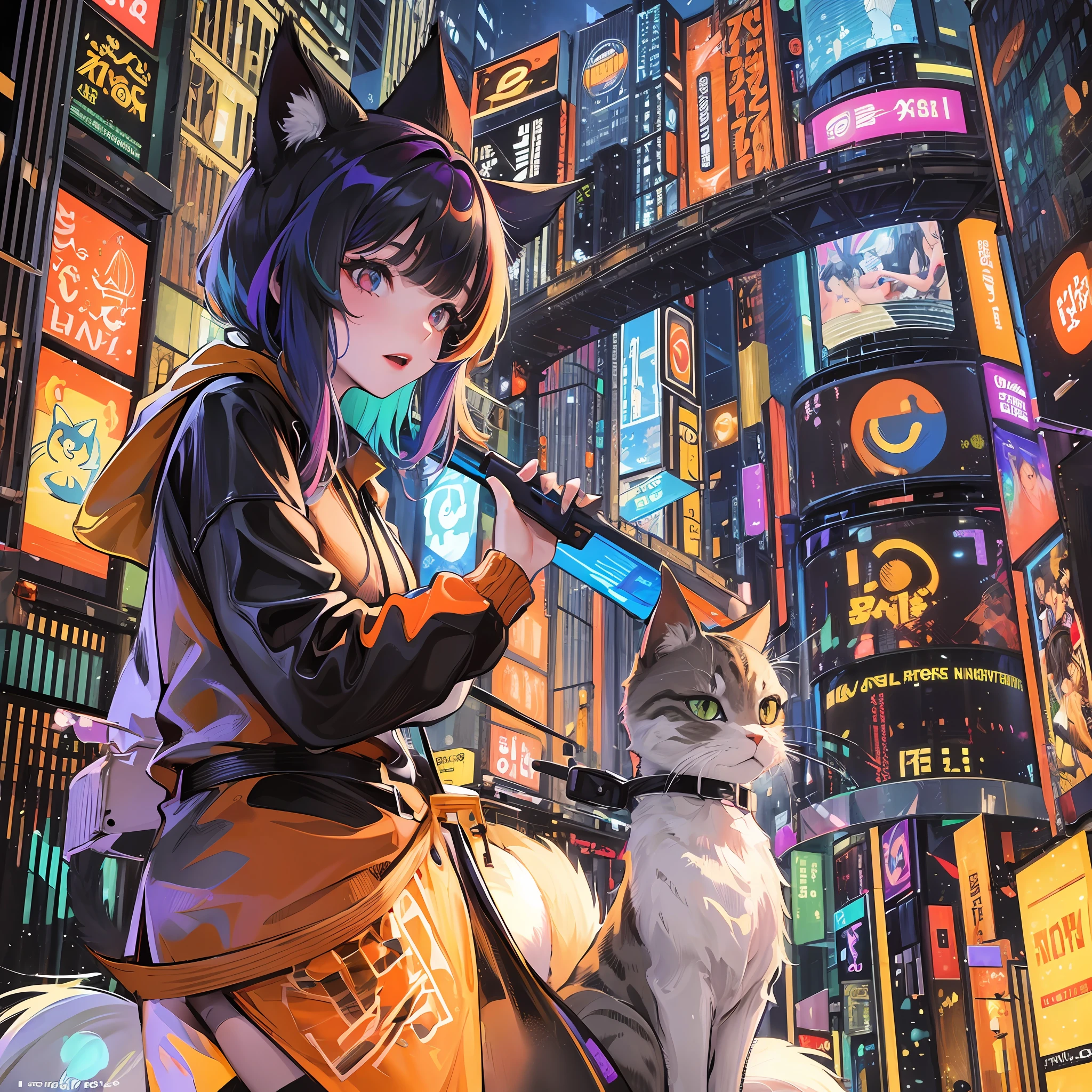 (masterpiece, high quality, highres,illustration), 1girl, galaxy multicolored hair in New york city playing with a black cat at night with orange fog, cybercity, high detailed cat face, --auto --s2