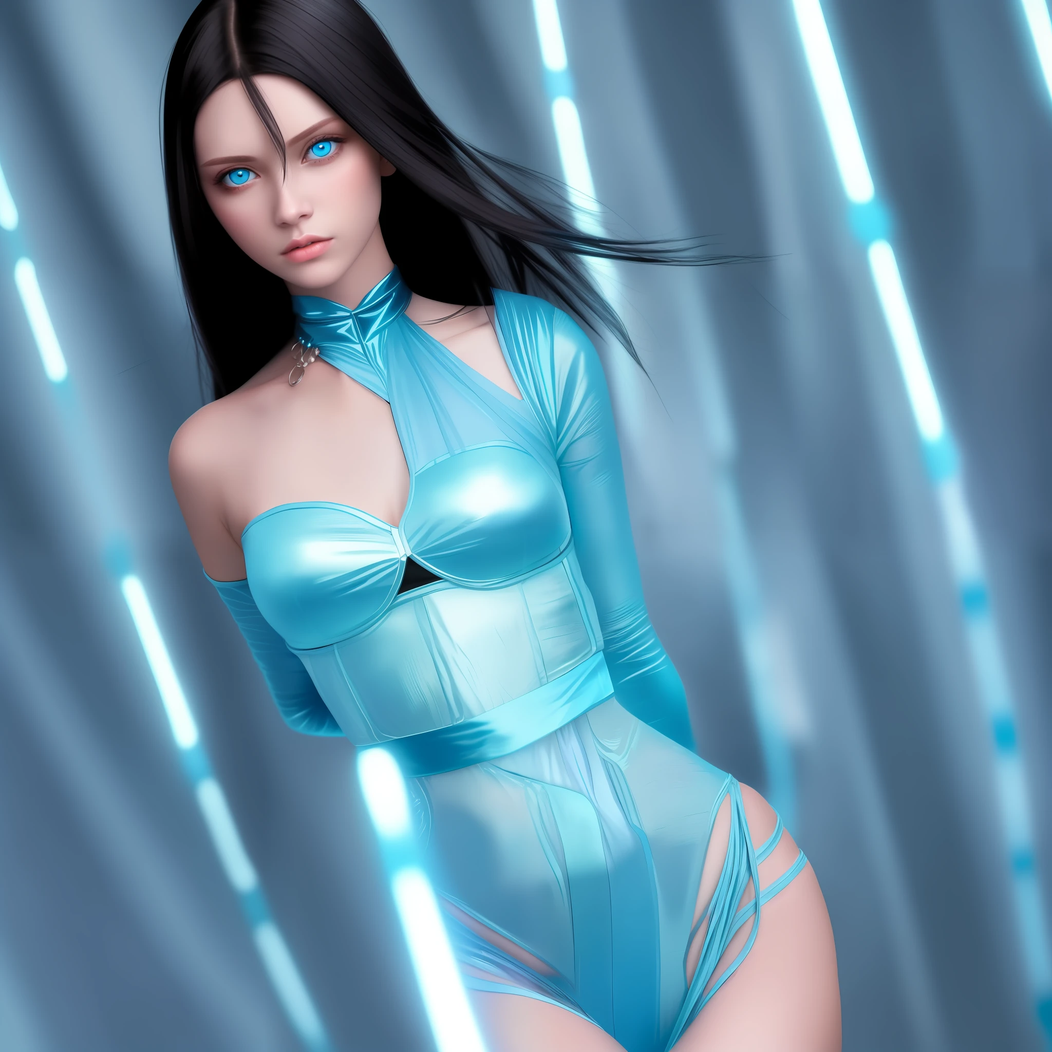 A Caucasian woman light blue eyes black hair and straight background shine5