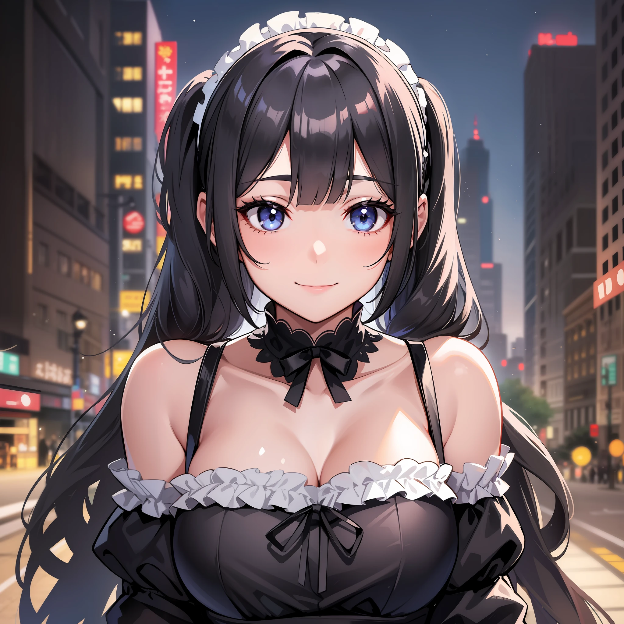 30 years age women, wear maid dress off shoulder, stocking, perfect face, beautiful eyes, black long Hair in two pigtails, Looking at the bustle of the city in midnight, smile, Wearing a headband, black eyes, variation angle, closed up